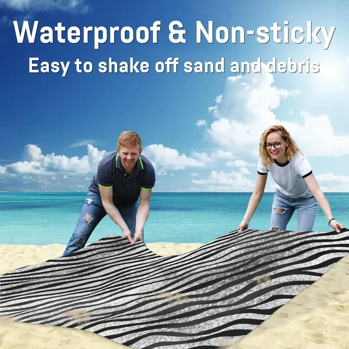 Beach Blanket, Zebra Print Sandproof Beach Mat, Waterproof Quick Drying Sand Free Mat with 4 x Ground Spikes for Outdoor Travel Camping Hiking, Animal Skin 68 x 59 in