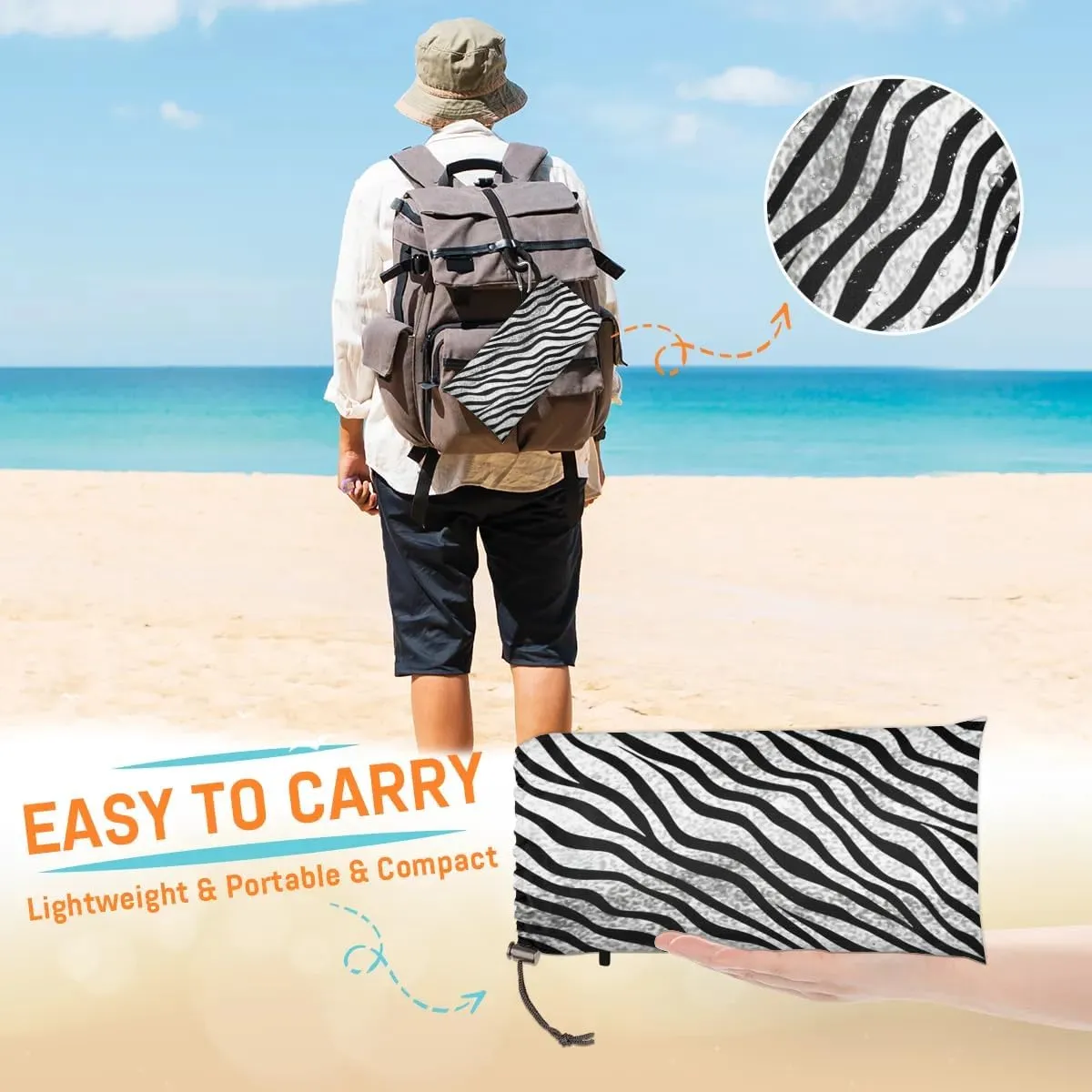Beach Blanket, Zebra Print Sandproof Beach Mat, Waterproof Quick Drying Sand Free Mat with 4 x Ground Spikes for Outdoor Travel Camping Hiking, Animal Skin 68 x 59 in