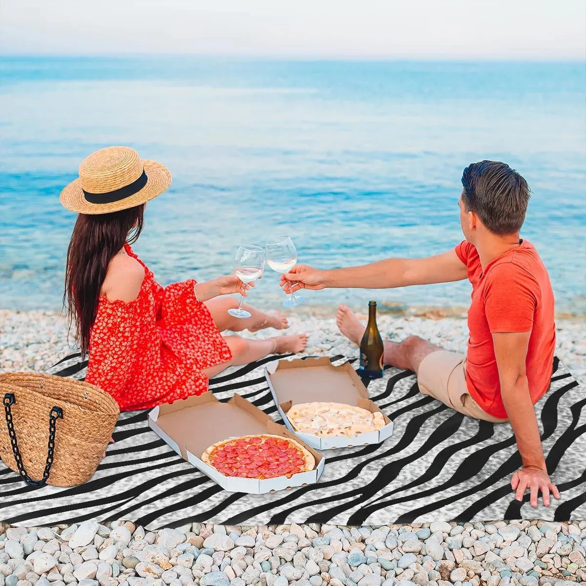 Beach Blanket, Zebra Print Sandproof Beach Mat, Waterproof Quick Drying Sand Free Mat with 4 x Ground Spikes for Outdoor Travel Camping Hiking, Animal Skin 68 x 59 in