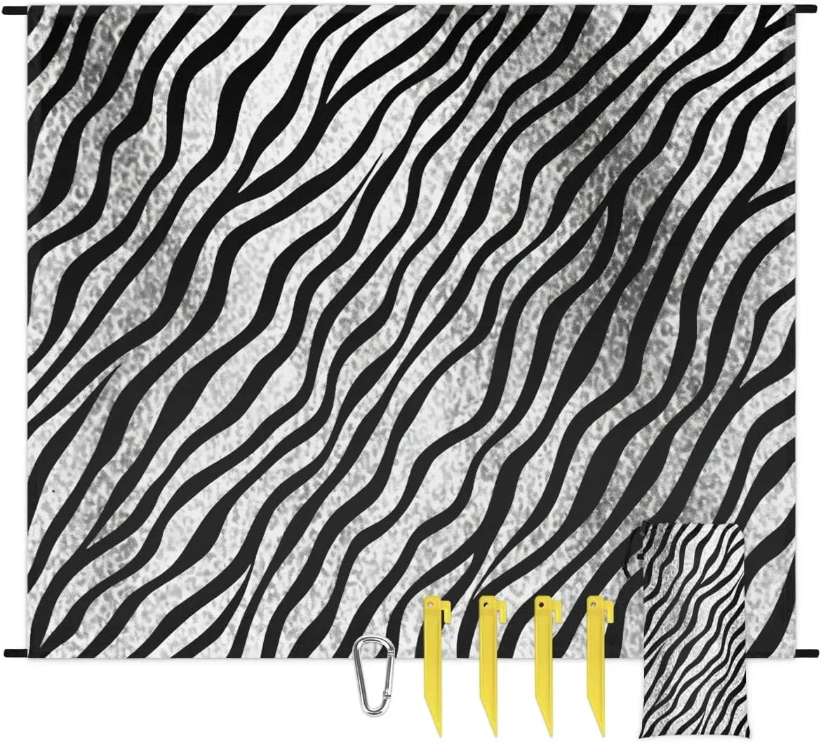 Beach Blanket, Zebra Print Sandproof Beach Mat, Waterproof Quick Drying Sand Free Mat with 4 x Ground Spikes for Outdoor Travel Camping Hiking, Animal Skin 68 x 59 in