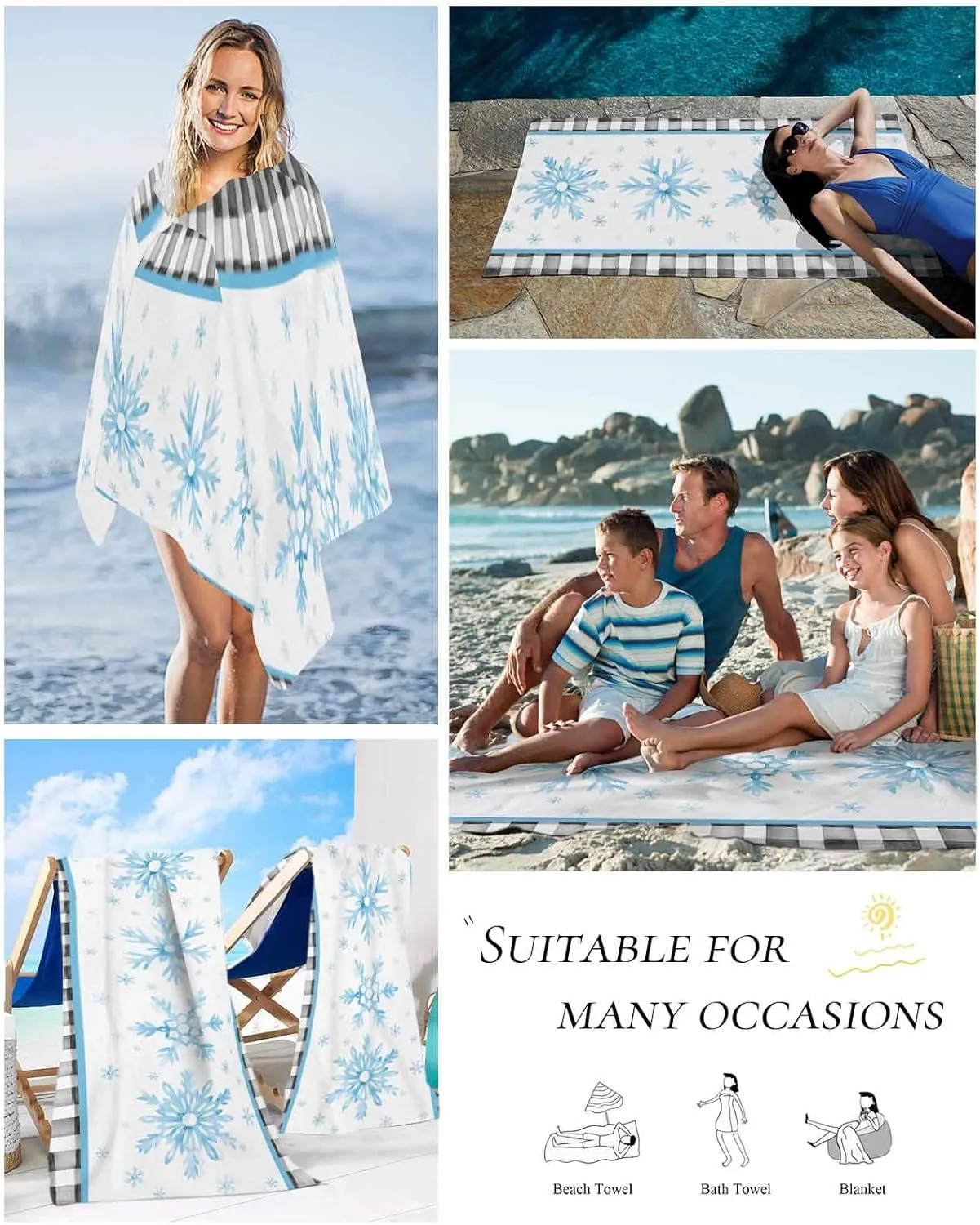 Beach Towel Blue Snowflake Winter Christmas Bath Pool Towels Buffalo Check Plaid Sand Free Blanket Quick Dry Lightweight Travel Blankets for Adults Gifts 31x62in