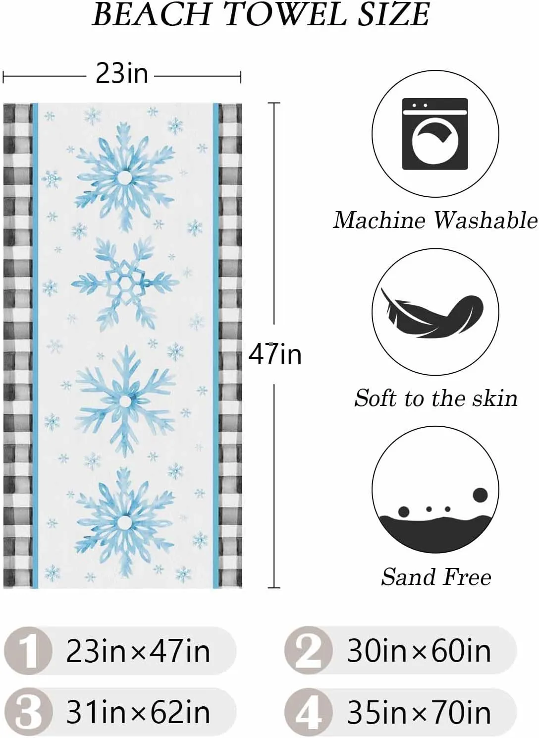 Beach Towel Blue Snowflake Winter Christmas Bath Pool Towels Buffalo Check Plaid Sand Free Blanket Quick Dry Lightweight Travel Blankets for Adults Gifts 31x62in