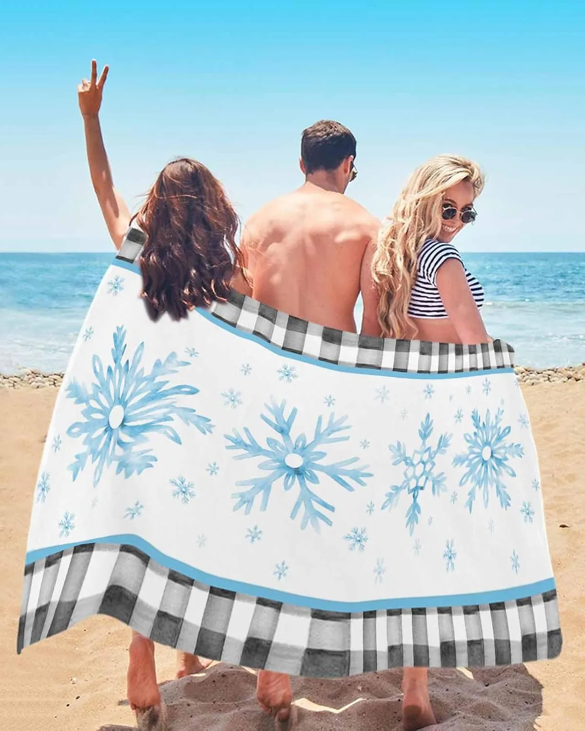 Beach Towel Blue Snowflake Winter Christmas Bath Pool Towels Buffalo Check Plaid Sand Free Blanket Quick Dry Lightweight Travel Blankets for Adults Gifts 31x62in
