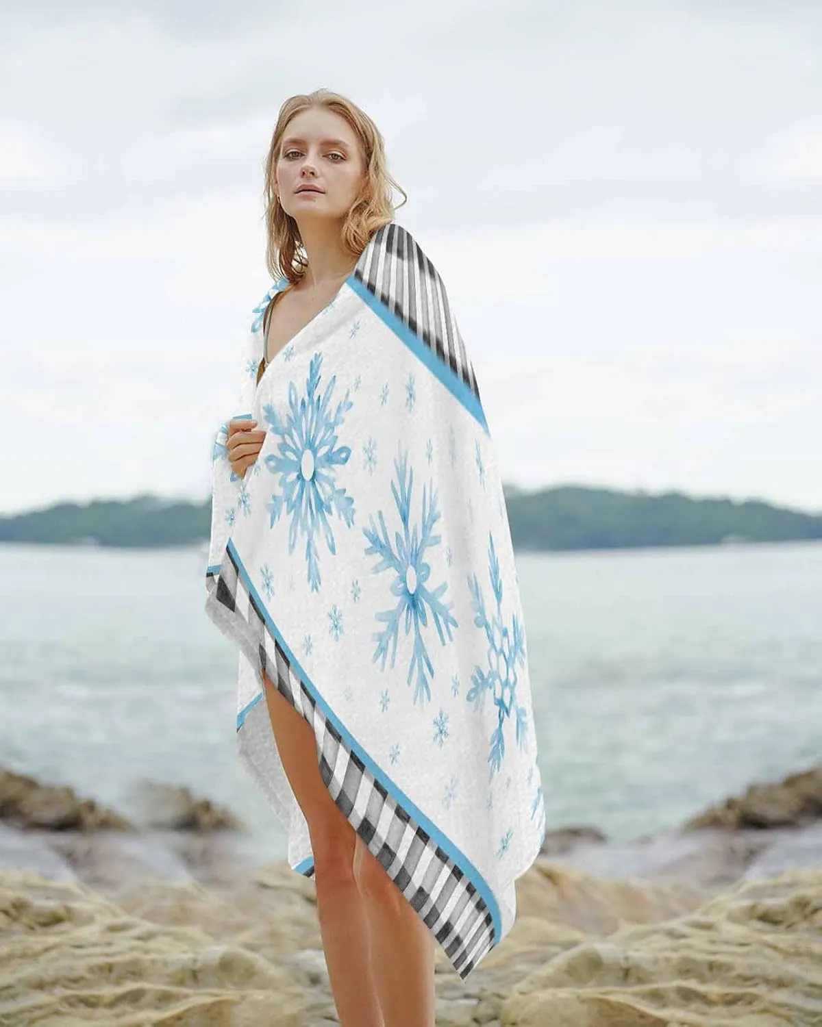 Beach Towel Blue Snowflake Winter Christmas Bath Pool Towels Buffalo Check Plaid Sand Free Blanket Quick Dry Lightweight Travel Blankets for Adults Gifts 31x62in
