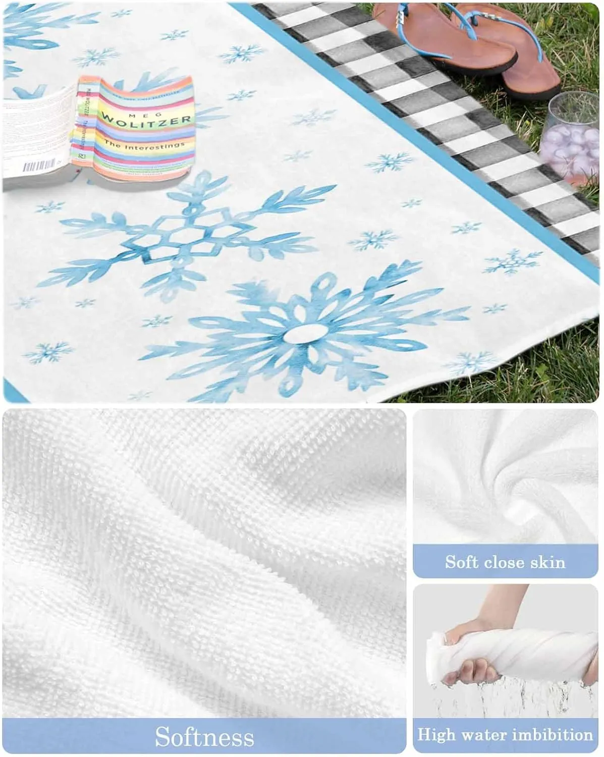 Beach Towel Blue Snowflake Winter Christmas Bath Pool Towels Buffalo Check Plaid Sand Free Blanket Quick Dry Lightweight Travel Blankets for Adults Gifts 31x62in