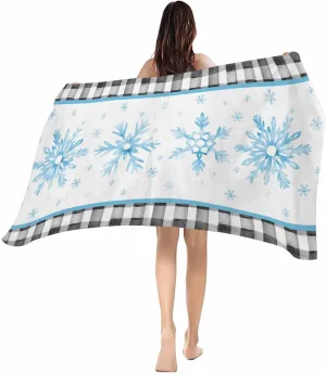 Beach Towel Blue Snowflake Winter Christmas Bath Pool Towels Buffalo Check Plaid Sand Free Blanket Quick Dry Lightweight Travel Blankets for Adults Gifts 31x62in
