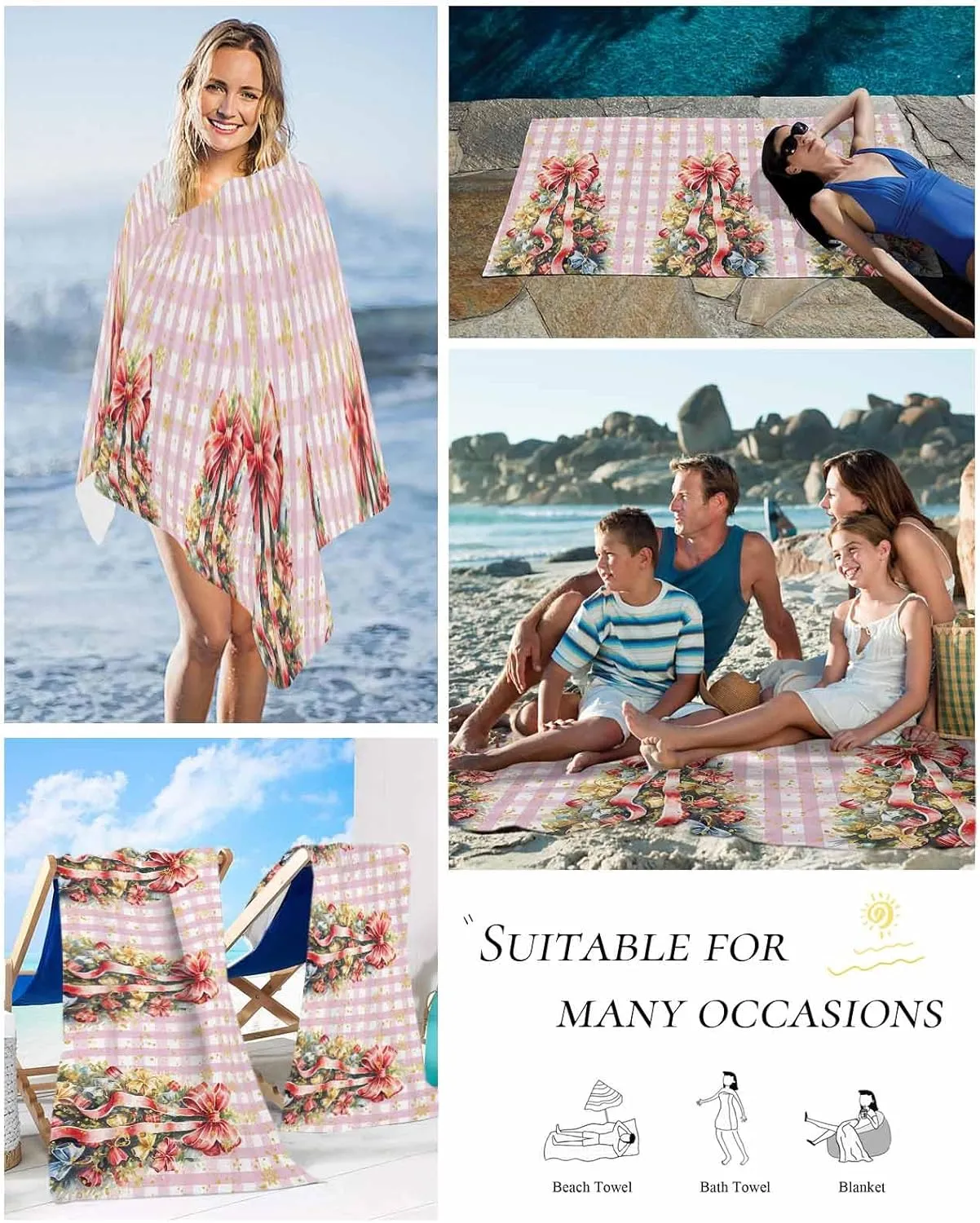 Beach Towel Christmas Tree Golden Snowflake Bath Pool Towels Pink Buffalo Check Sand Free Blanket Quick Dry Lightweight Travel Blankets for Adults Gifts 31x62in