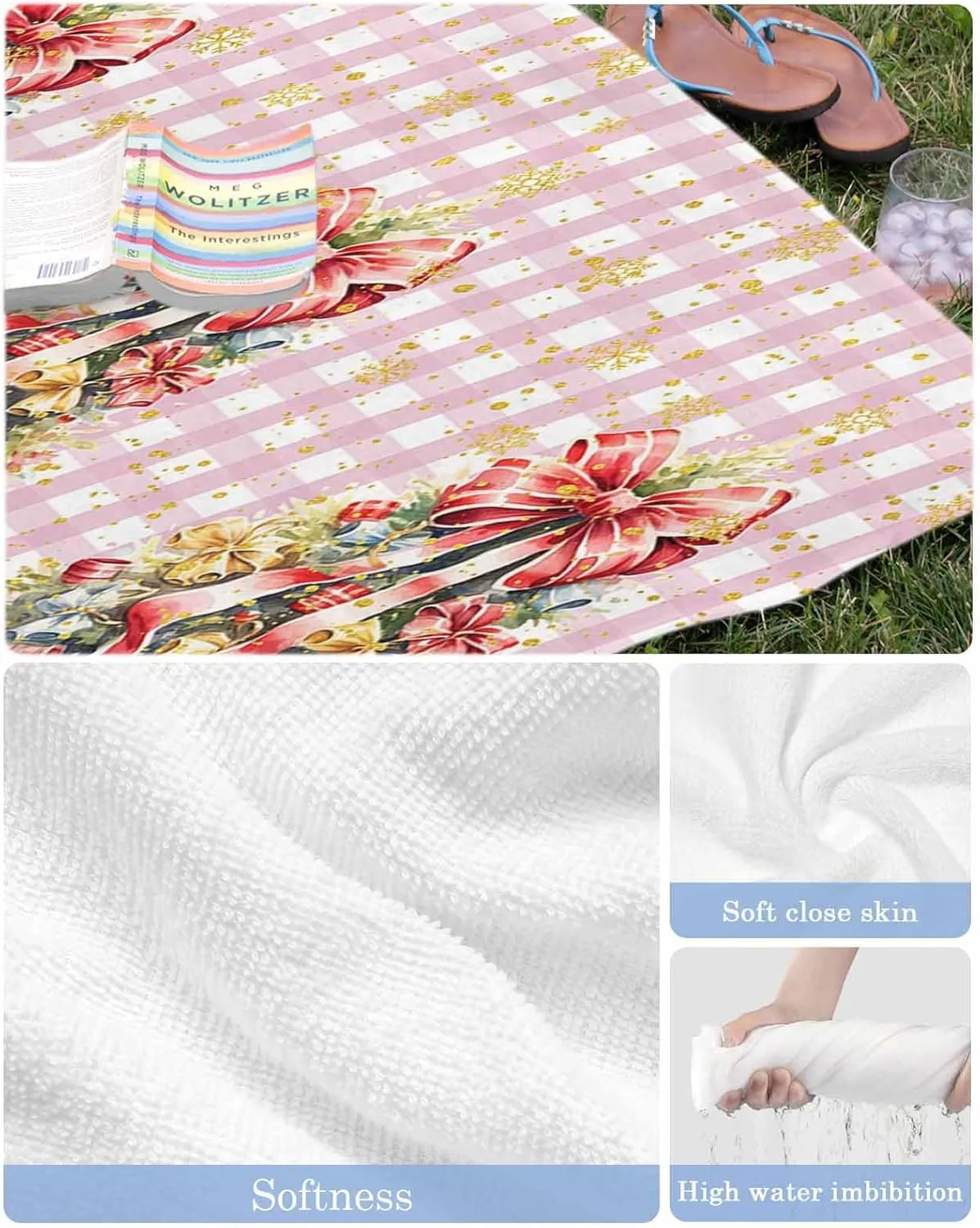 Beach Towel Christmas Tree Golden Snowflake Bath Pool Towels Pink Buffalo Check Sand Free Blanket Quick Dry Lightweight Travel Blankets for Adults Gifts 31x62in
