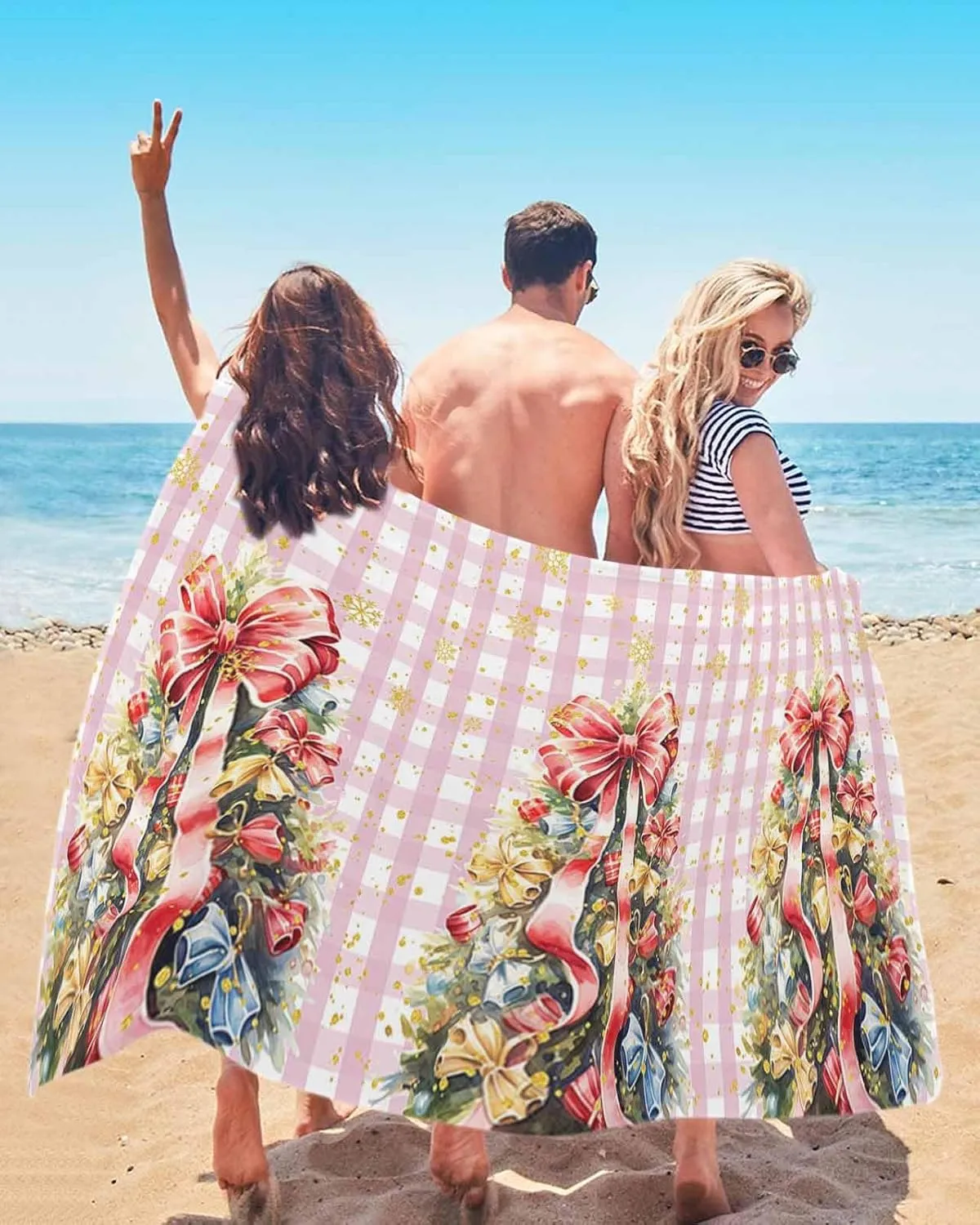 Beach Towel Christmas Tree Golden Snowflake Bath Pool Towels Pink Buffalo Check Sand Free Blanket Quick Dry Lightweight Travel Blankets for Adults Gifts 31x62in
