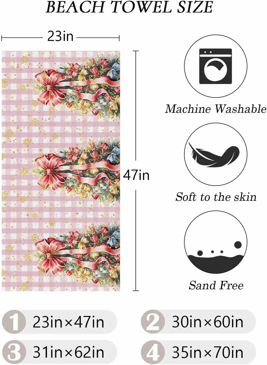 Beach Towel Christmas Tree Golden Snowflake Bath Pool Towels Pink Buffalo Check Sand Free Blanket Quick Dry Lightweight Travel Blankets for Adults Gifts 31x62in