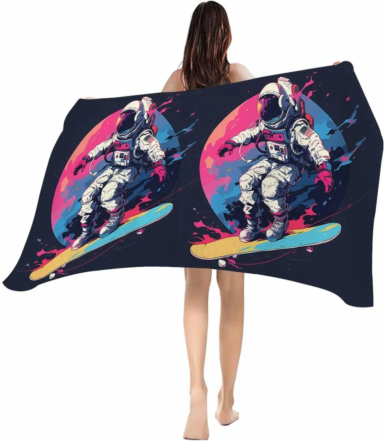 Beach Towel Creative Sport Astronauts Bath Pool Towels Watercolor Skateboarding Universe Sand Free Blanket Quick Dry Lightweight Travel Blankets for Adults Gifts 30x60in
