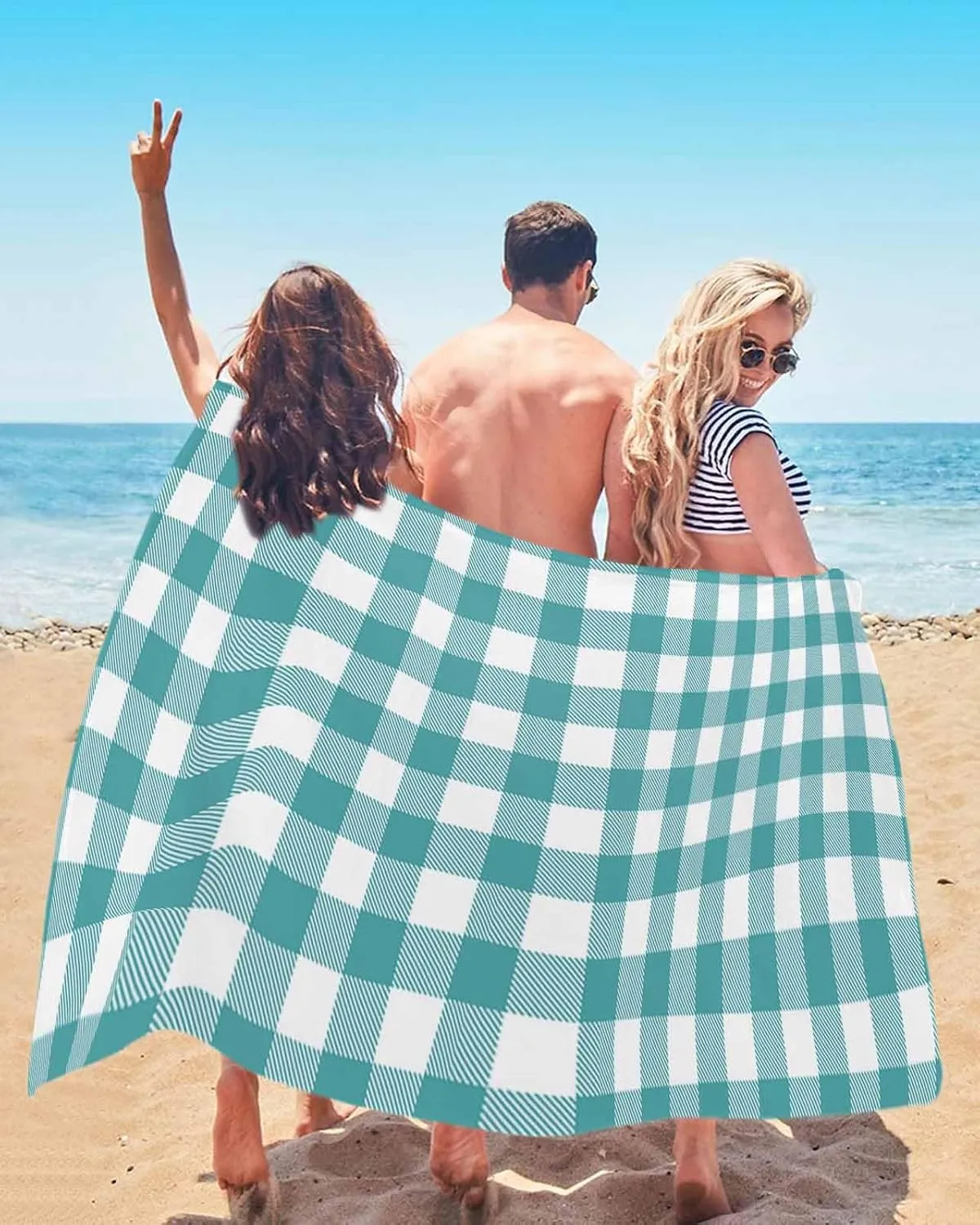 Beach Towel Easter Plaid Teal Green Bath Pool Towels Farmhouse Buffalo Check Sand Free Blanket Quick Dry Lightweight Travel Blankets for Adults Gifts 31x62in