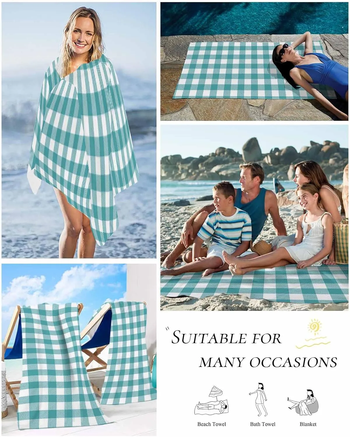 Beach Towel Easter Plaid Teal Green Bath Pool Towels Farmhouse Buffalo Check Sand Free Blanket Quick Dry Lightweight Travel Blankets for Adults Gifts 31x62in