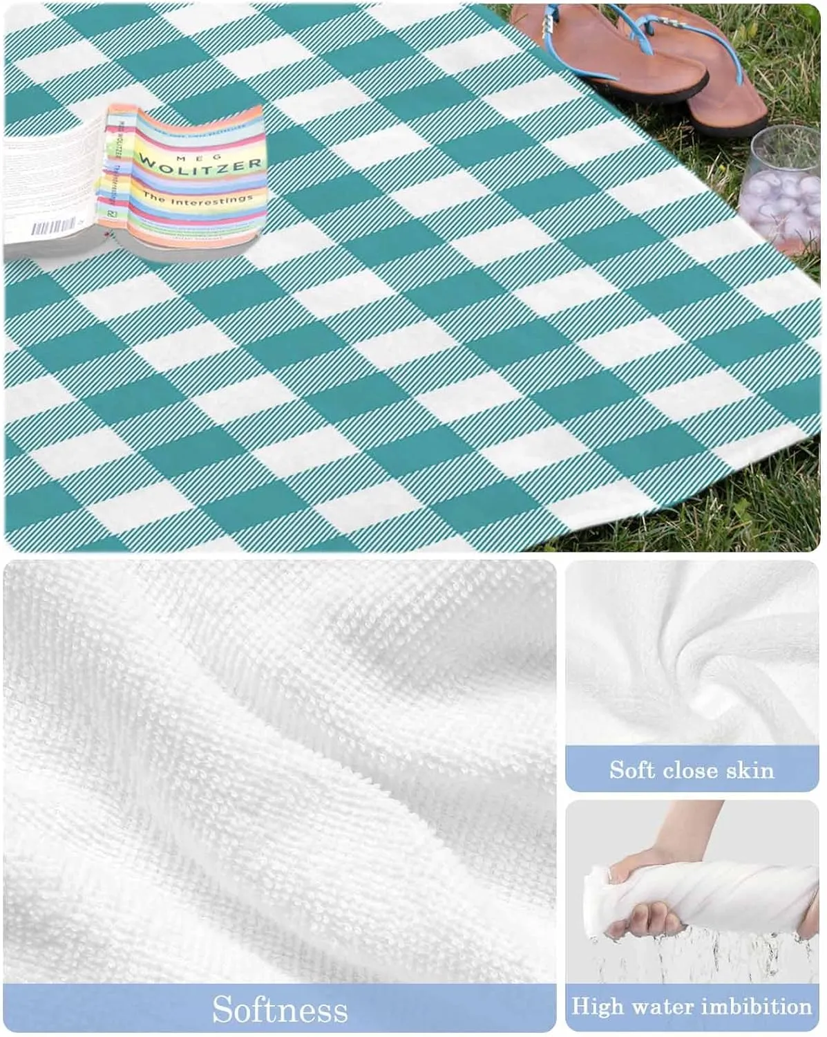 Beach Towel Easter Plaid Teal Green Bath Pool Towels Farmhouse Buffalo Check Sand Free Blanket Quick Dry Lightweight Travel Blankets for Adults Gifts 31x62in