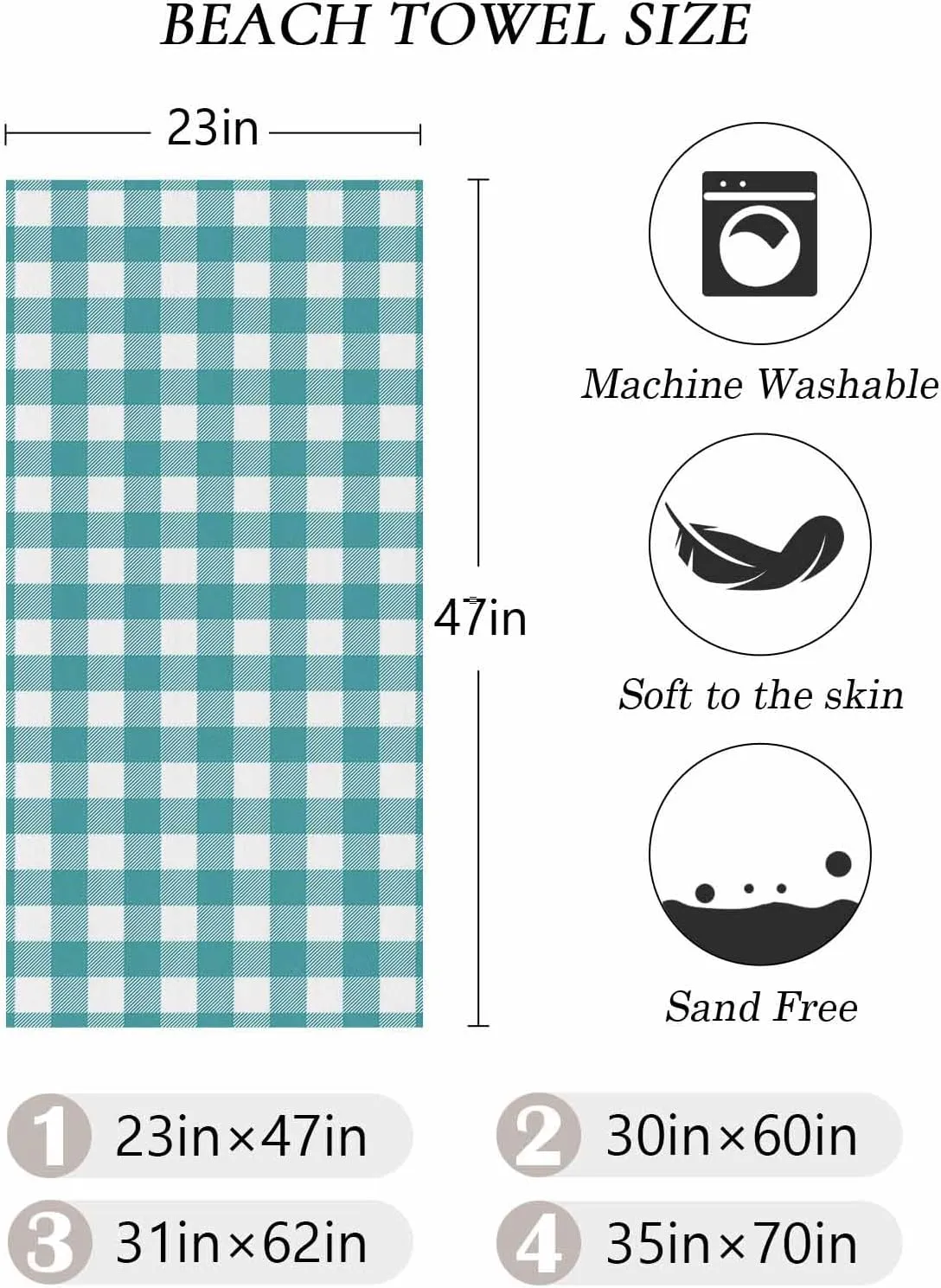 Beach Towel Easter Plaid Teal Green Bath Pool Towels Farmhouse Buffalo Check Sand Free Blanket Quick Dry Lightweight Travel Blankets for Adults Gifts 31x62in