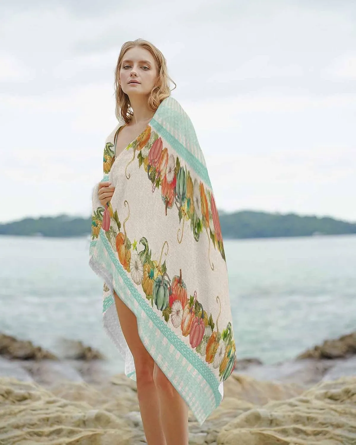 Beach Towel Pumpkin Fall Leaves Bath Pool Towels Teal Buffalo Check Sand Free Blanket Quick Dry Lightweight Travel Blankets for Adults Gifts 35x70in