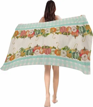 Beach Towel Pumpkin Fall Leaves Bath Pool Towels Teal Buffalo Check Sand Free Blanket Quick Dry Lightweight Travel Blankets for Adults Gifts 35x70in