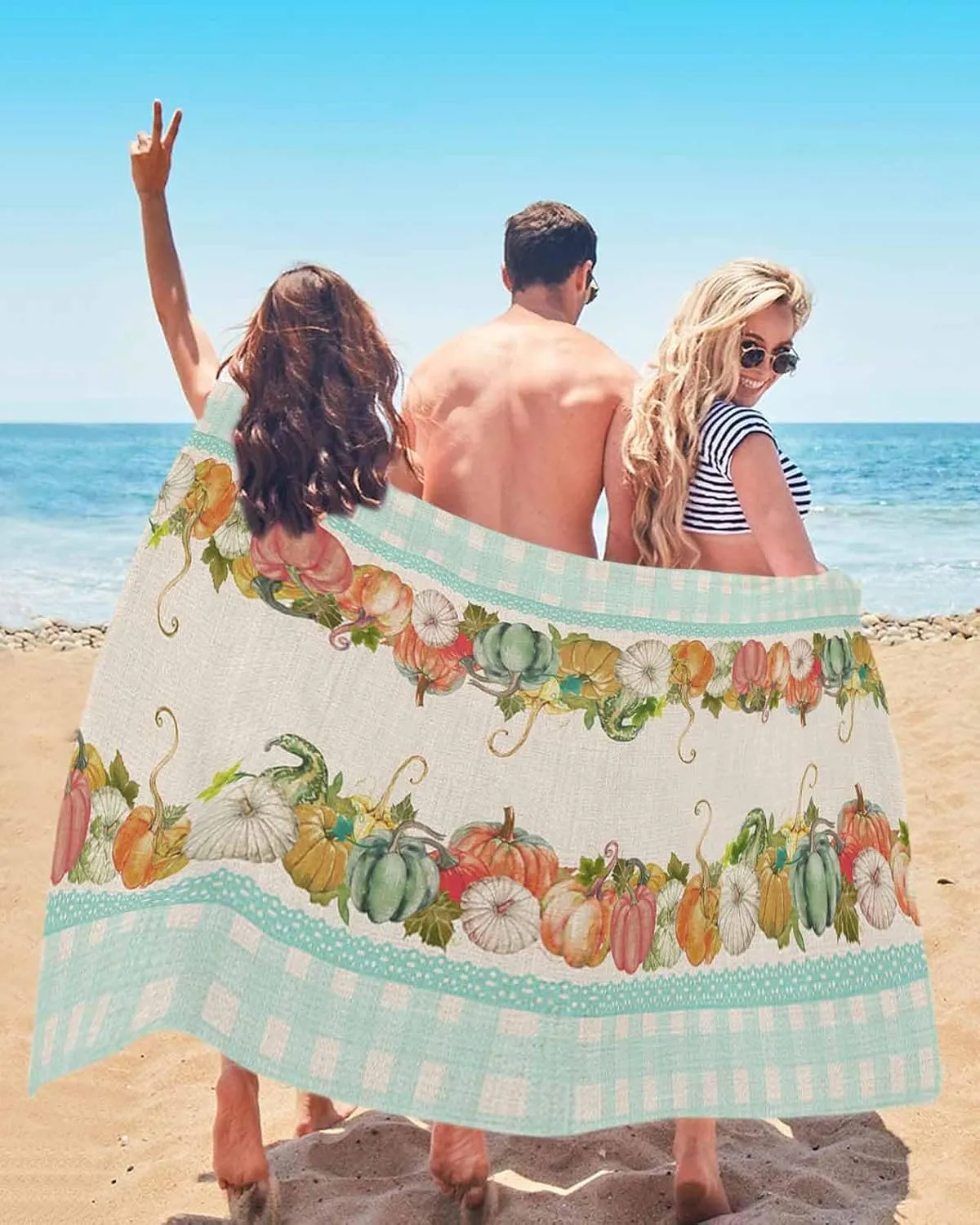 Beach Towel Pumpkin Fall Leaves Bath Pool Towels Teal Buffalo Check Sand Free Blanket Quick Dry Lightweight Travel Blankets for Adults Gifts 35x70in