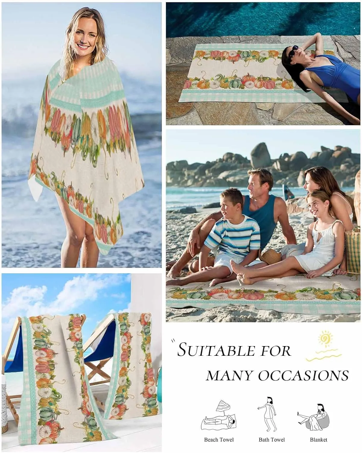Beach Towel Pumpkin Fall Leaves Bath Pool Towels Teal Buffalo Check Sand Free Blanket Quick Dry Lightweight Travel Blankets for Adults Gifts 35x70in