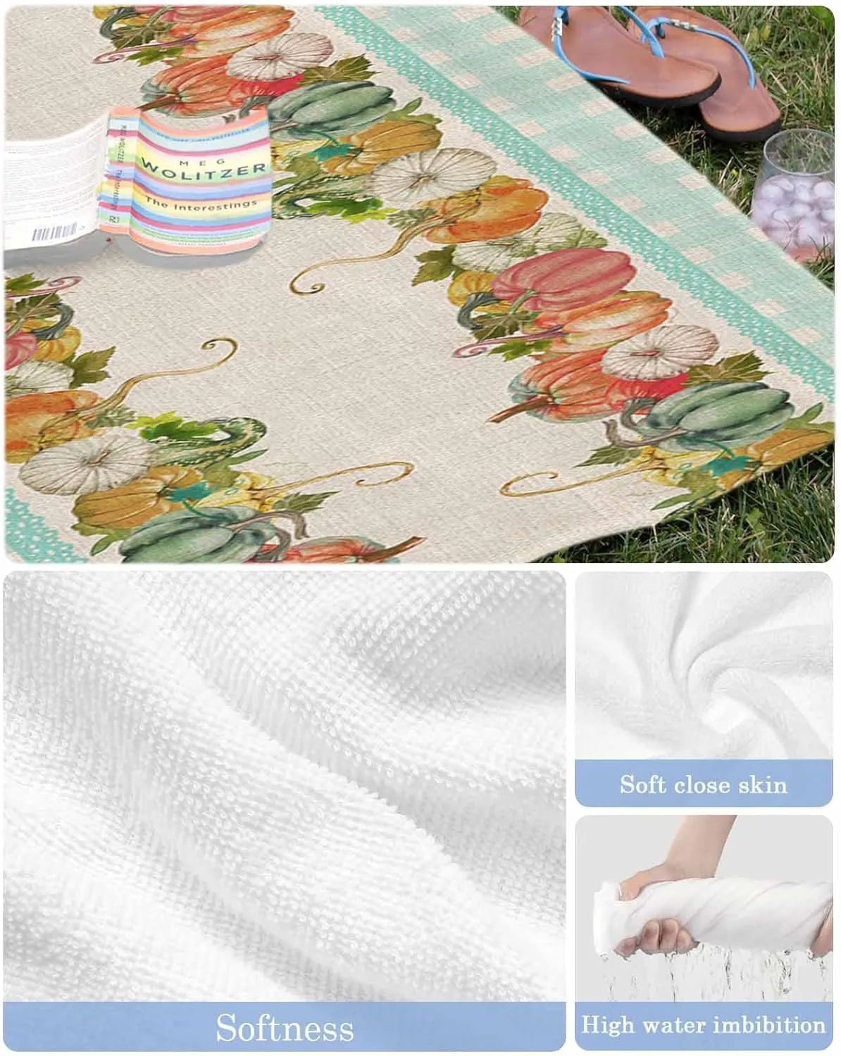 Beach Towel Pumpkin Fall Leaves Bath Pool Towels Teal Buffalo Check Sand Free Blanket Quick Dry Lightweight Travel Blankets for Adults Gifts 35x70in