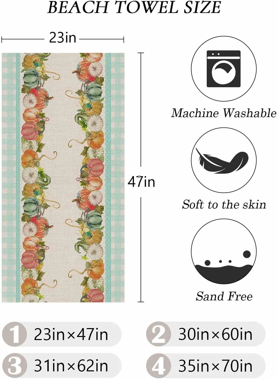 Beach Towel Pumpkin Fall Leaves Bath Pool Towels Teal Buffalo Check Sand Free Blanket Quick Dry Lightweight Travel Blankets for Adults Gifts 35x70in