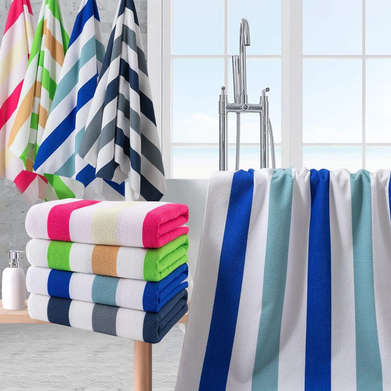 Beach Towel Set-4 Pack 30"x60" Sand Free Stripe Beach Towel for Pool,Bathroom,Soft Absorbent Quick Dry Lightweight Thin Beach Bath Towel,Camping Blanket,Travel Towel,Beach Essentials for Adults