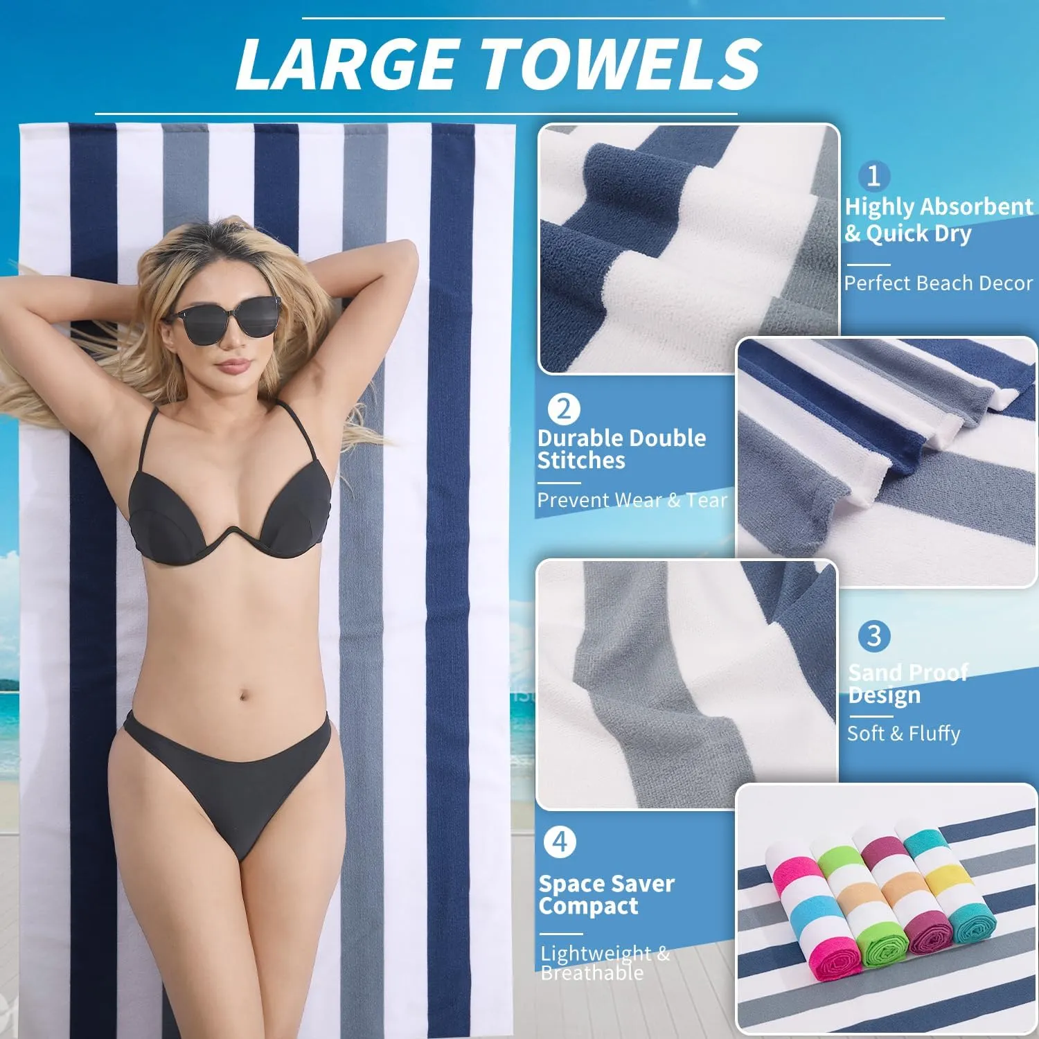 Beach Towel Set-4 Pack 30"x60" Sand Free Stripe Beach Towel for Pool,Bathroom,Soft Absorbent Quick Dry Lightweight Thin Beach Bath Towel,Camping Blanket,Travel Towel,Beach Essentials for Adults