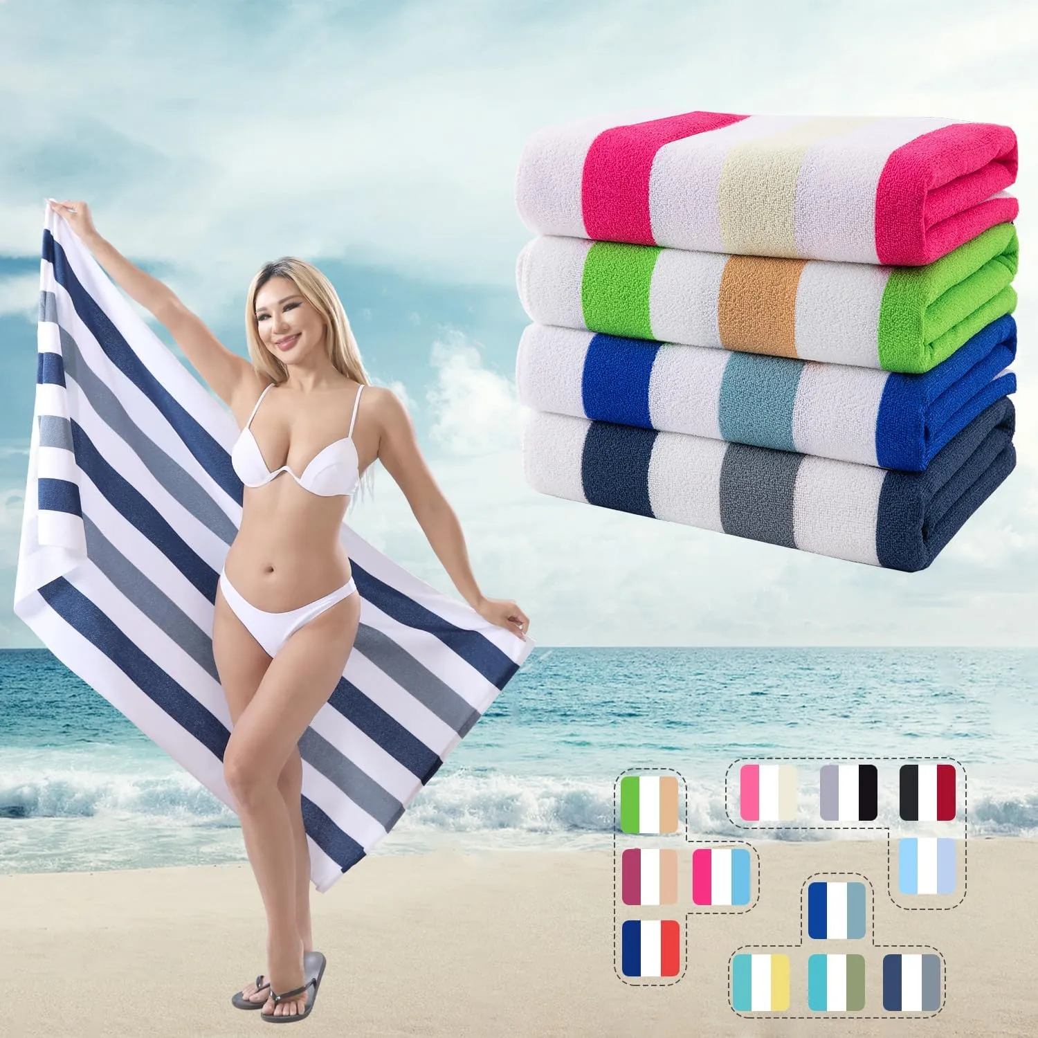 Beach Towel Set-4 Pack 30"x60" Sand Free Stripe Beach Towel for Pool,Bathroom,Soft Absorbent Quick Dry Lightweight Thin Beach Bath Towel,Camping Blanket,Travel Towel,Beach Essentials for Adults