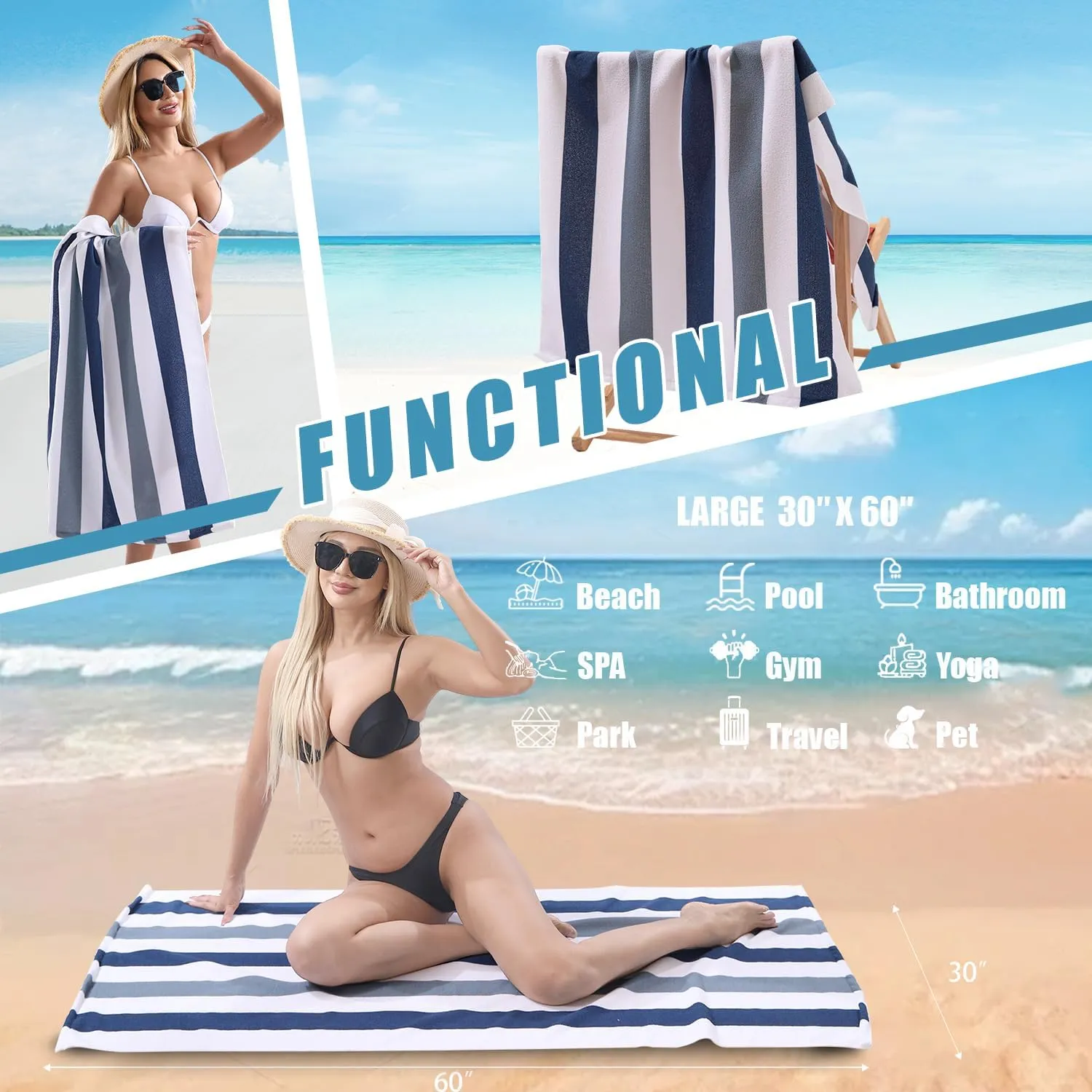 Beach Towel Set-4 Pack 30"x60" Sand Free Stripe Beach Towel for Pool,Bathroom,Soft Absorbent Quick Dry Lightweight Thin Beach Bath Towel,Camping Blanket,Travel Towel,Beach Essentials for Adults
