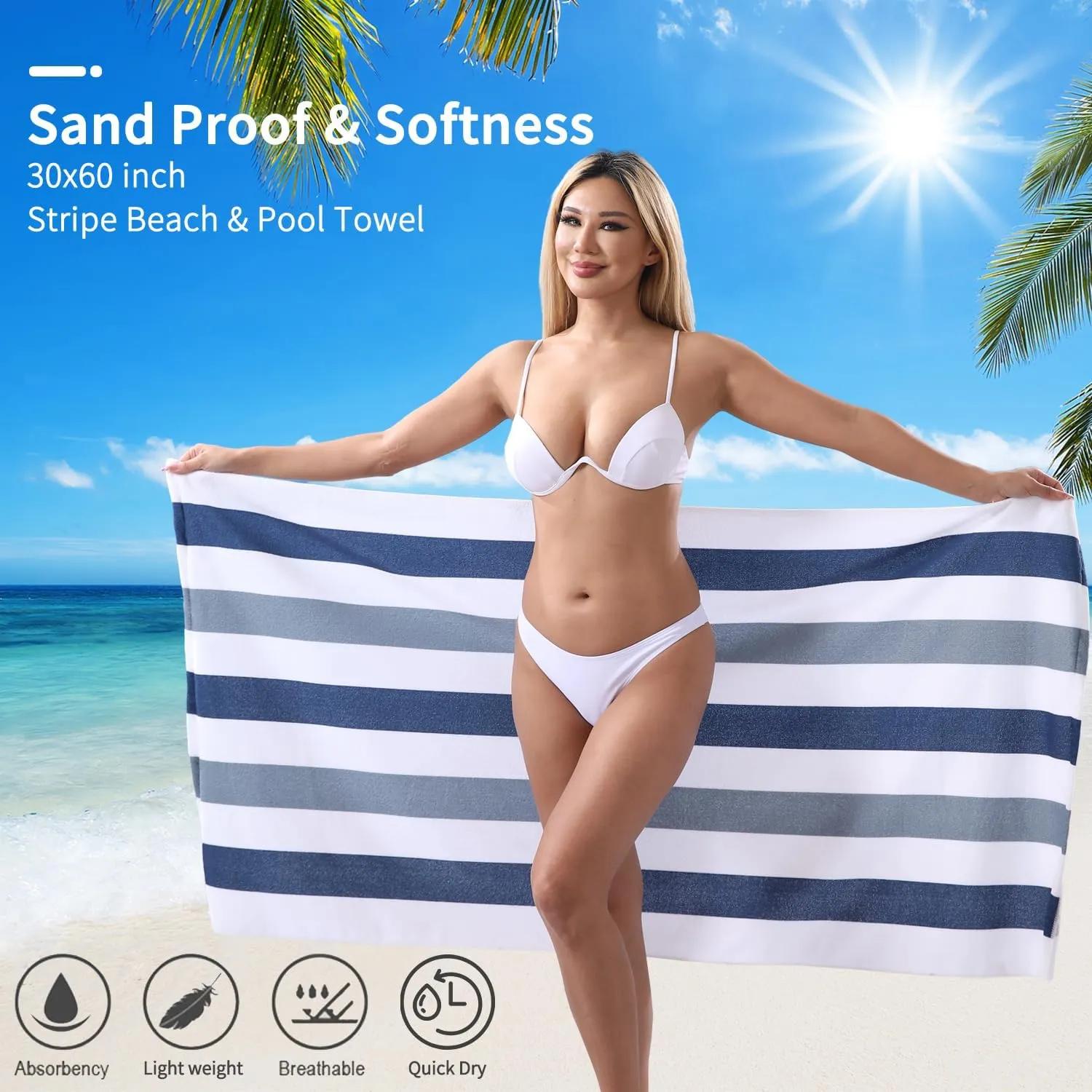 Beach Towel Set-4 Pack 30"x60" Sand Free Stripe Beach Towel for Pool,Bathroom,Soft Absorbent Quick Dry Lightweight Thin Beach Bath Towel,Camping Blanket,Travel Towel,Beach Essentials for Adults