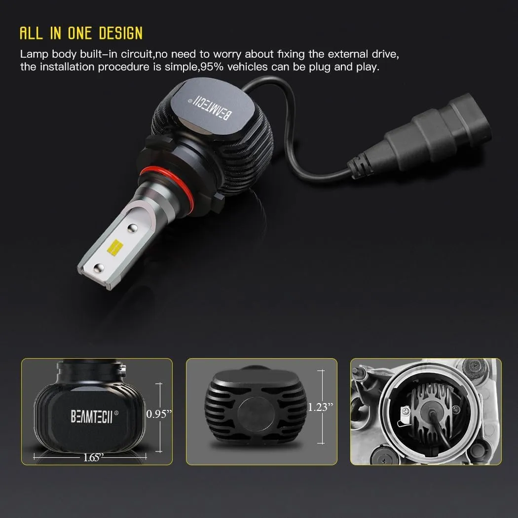 BEAMTECH 900-5 Bulbs, S1 Series HB-3 Fanlsess 300% Brighter 6500K White Fog Light, 2 Bulbs