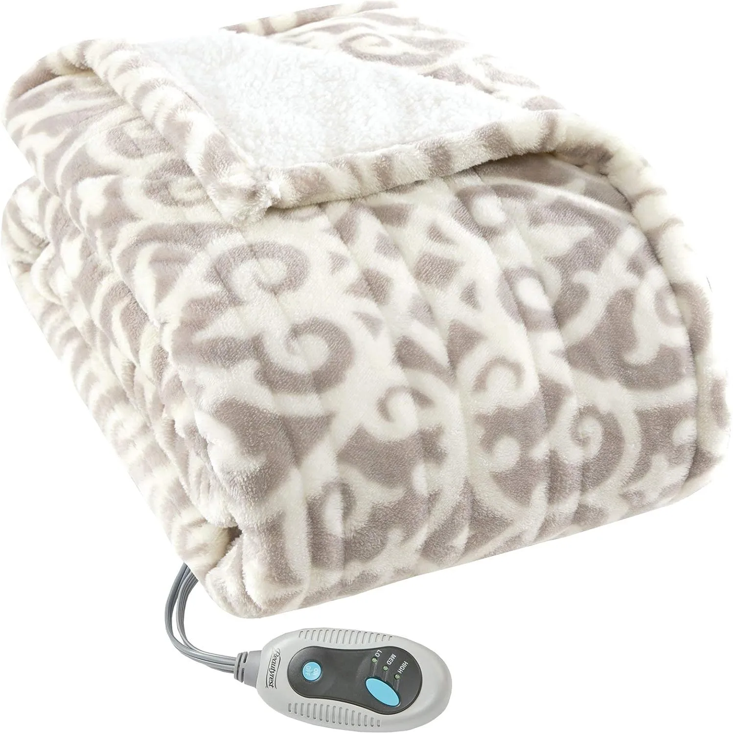 Beautyrest Ultra Soft Sherpa Berber Fleece Electric Poncho Wrap Blanket Heated Throw with Auto Shutoff, 50 in x 64 in, Grey Lattice