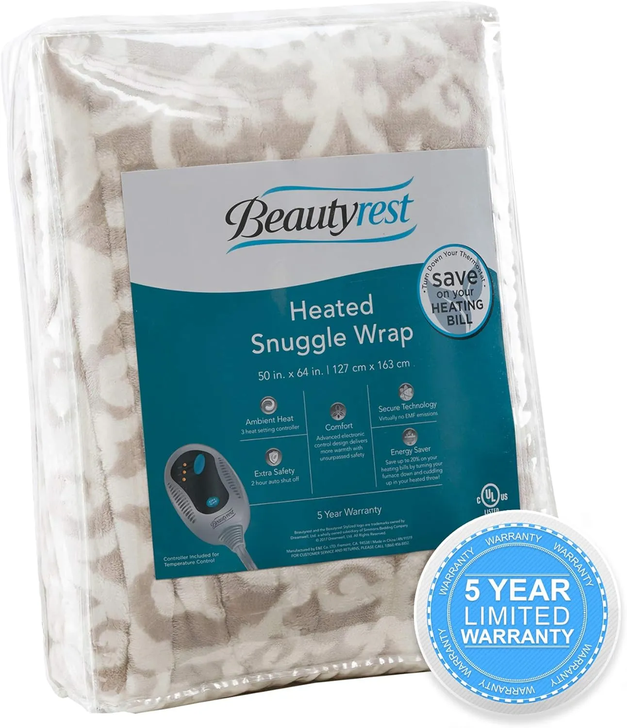Beautyrest Ultra Soft Sherpa Berber Fleece Electric Poncho Wrap Blanket Heated Throw with Auto Shutoff, 50 in x 64 in, Grey Lattice