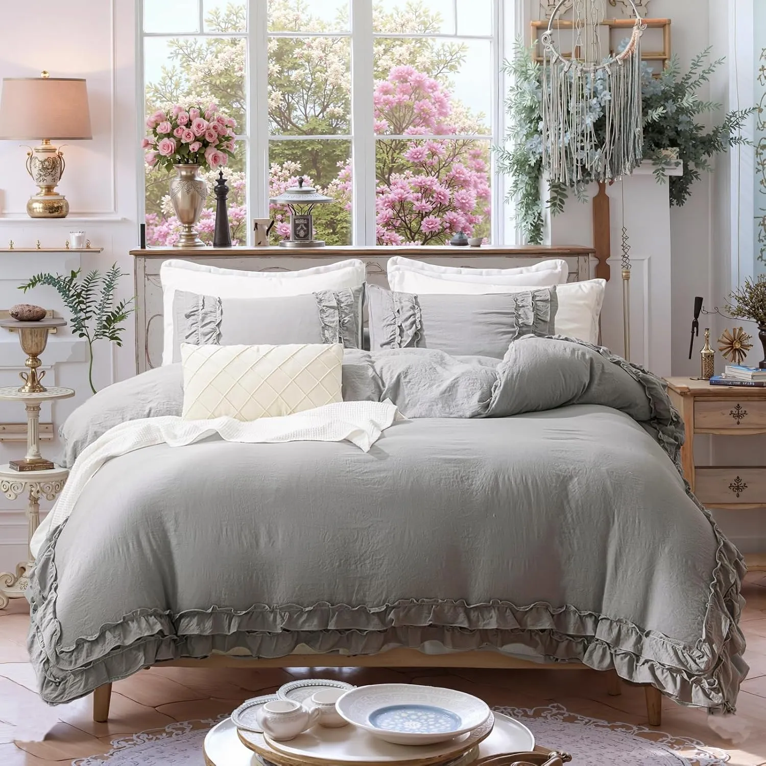 Bedorm Gray Queen Duvet Cover Set Ruffle Bedding Set Pleat Ruffled Shabby Chic Comforter Cover Extra Soft & Easy Care Gray Boho Duvet Cover with Zipper Closure