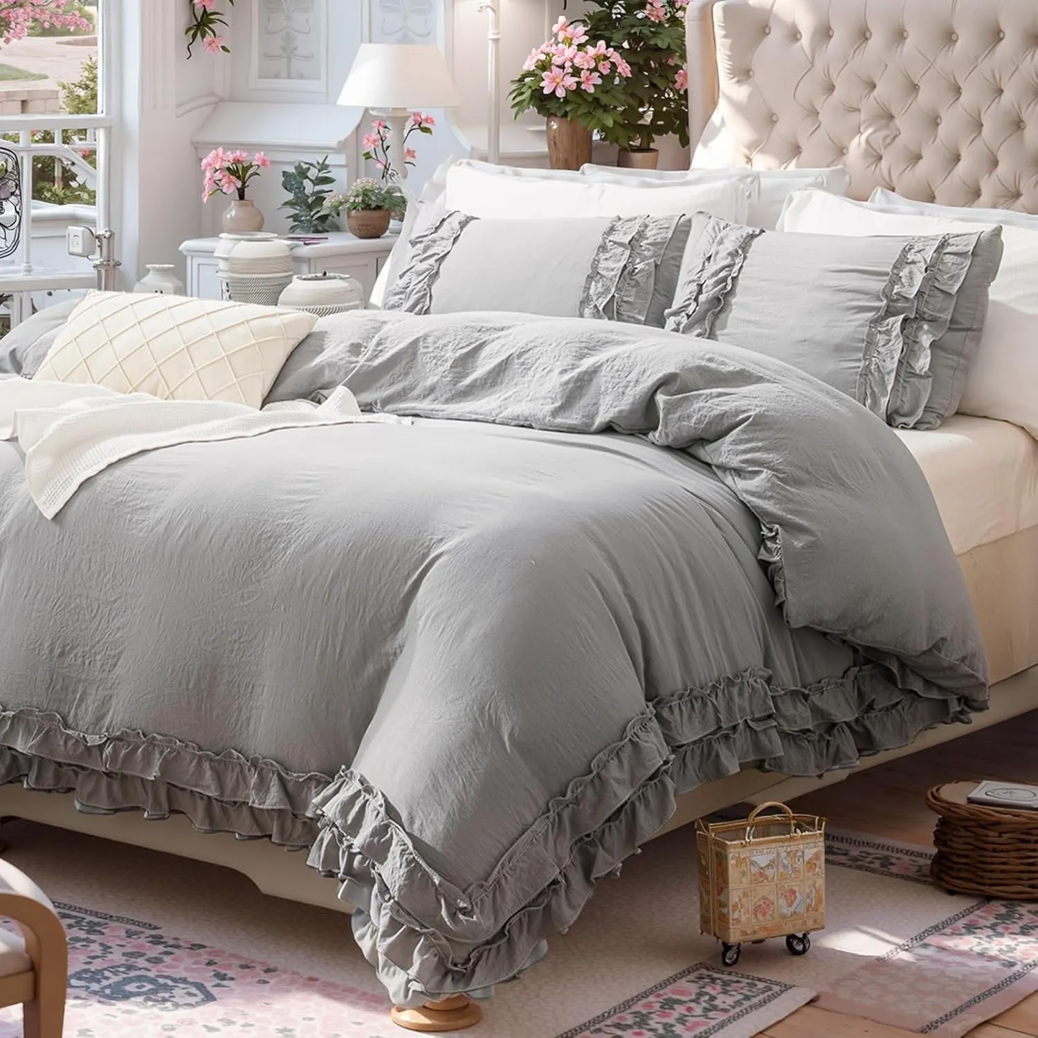 Bedorm Gray Queen Duvet Cover Set Ruffle Bedding Set Pleat Ruffled Shabby Chic Comforter Cover Extra Soft & Easy Care Gray Boho Duvet Cover with Zipper Closure