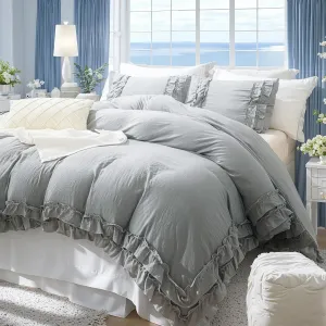Bedorm Gray Queen Duvet Cover Set Ruffle Bedding Set Pleat Ruffled Shabby Chic Comforter Cover Extra Soft & Easy Care Gray Boho Duvet Cover with Zipper Closure
