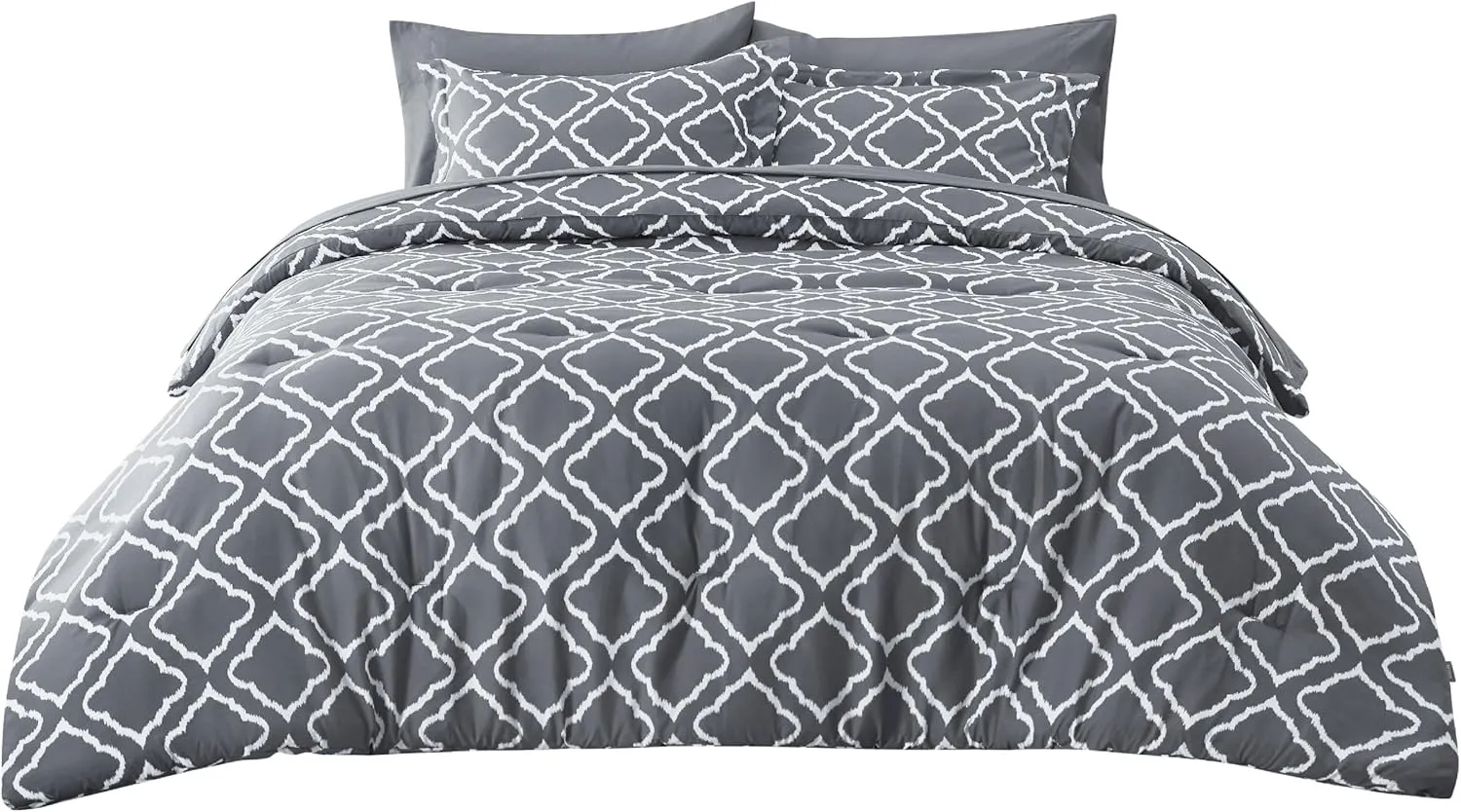 Bedsure Full Comforter Set 7 Pieces - Dark Grey Blue Quatrefoil Comforters Full Size, Lightweight Bedding Sets for All Season, Bed in a Bag with Comforters, Sheets, Pillowcases & Shams