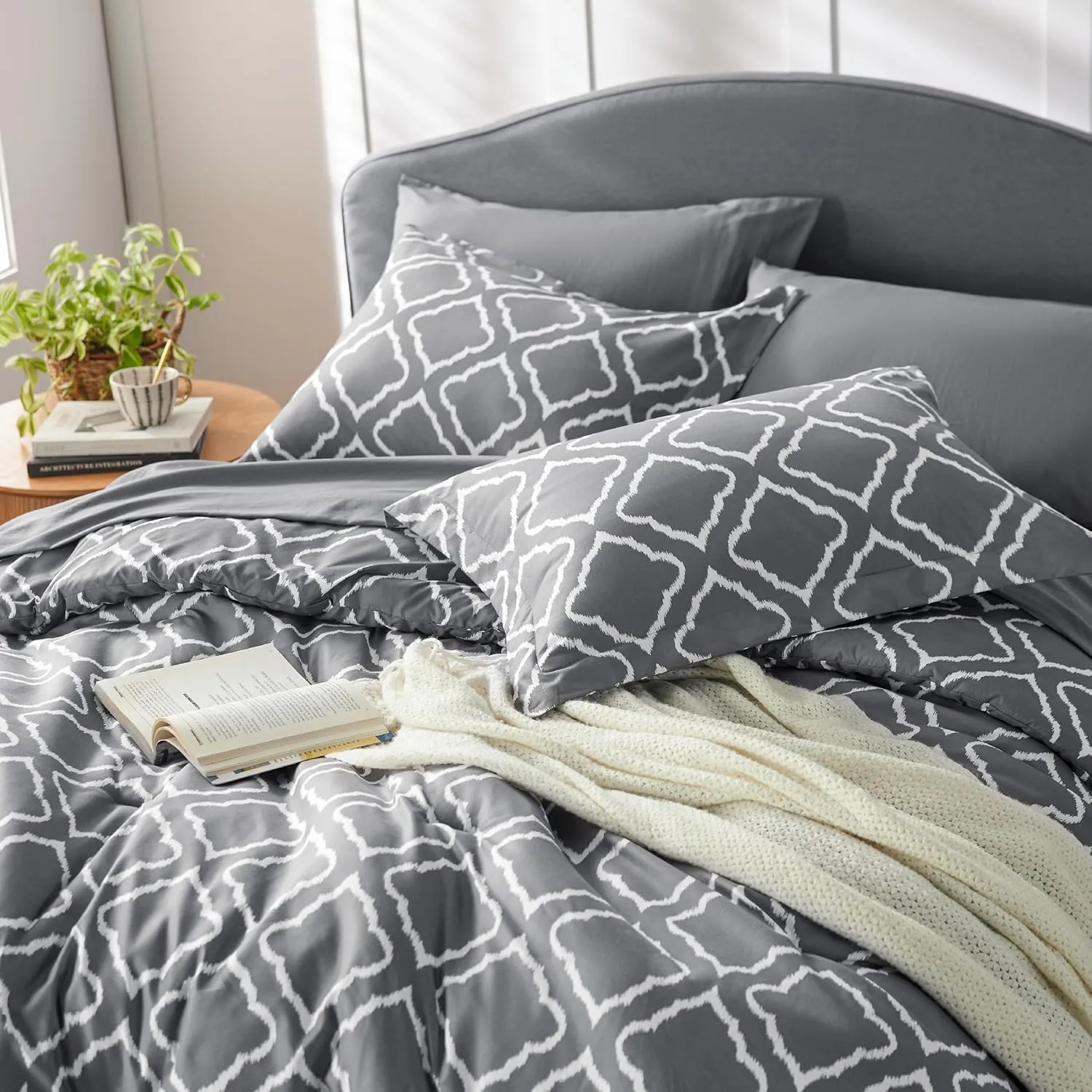Bedsure Full Comforter Set 7 Pieces - Dark Grey Blue Quatrefoil Comforters Full Size, Lightweight Bedding Sets for All Season, Bed in a Bag with Comforters, Sheets, Pillowcases & Shams