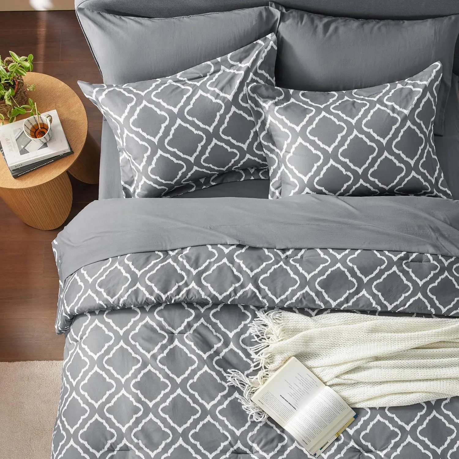 Bedsure Full Comforter Set 7 Pieces - Dark Grey Blue Quatrefoil Comforters Full Size, Lightweight Bedding Sets for All Season, Bed in a Bag with Comforters, Sheets, Pillowcases & Shams