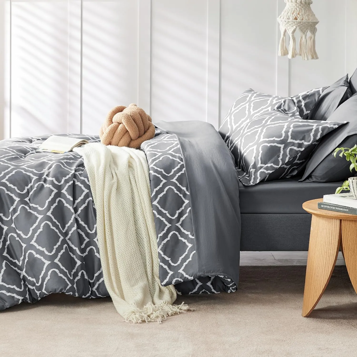 Bedsure Full Comforter Set 7 Pieces - Dark Grey Blue Quatrefoil Comforters Full Size, Lightweight Bedding Sets for All Season, Bed in a Bag with Comforters, Sheets, Pillowcases & Shams