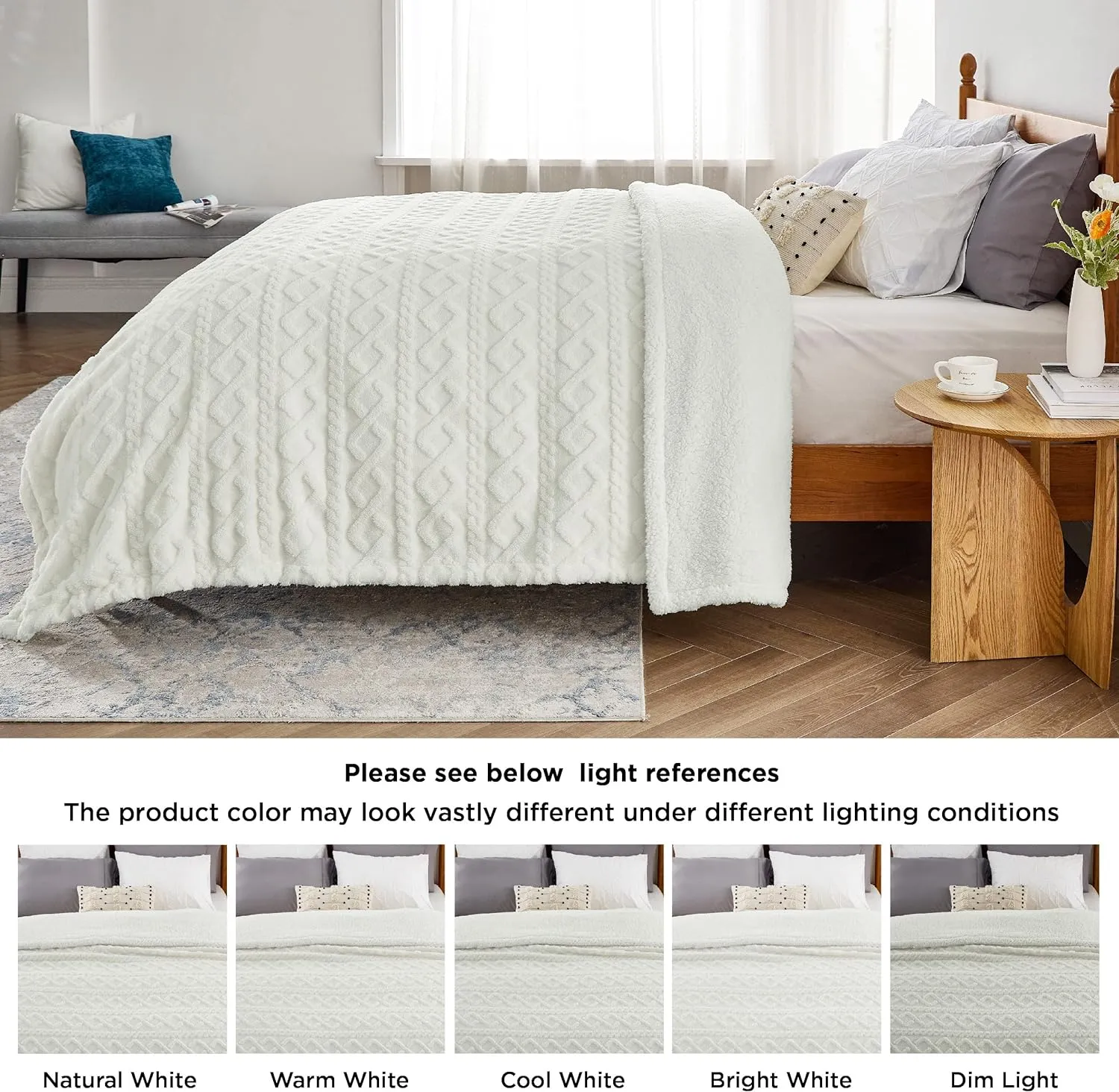 Bedsure Sherpa Fleece Throw Blanket for Couch - Fuzzy Soft Cozy Cable Throw for Women, Thick Warm Blanket for Winter, Cream, 50x60 Inches