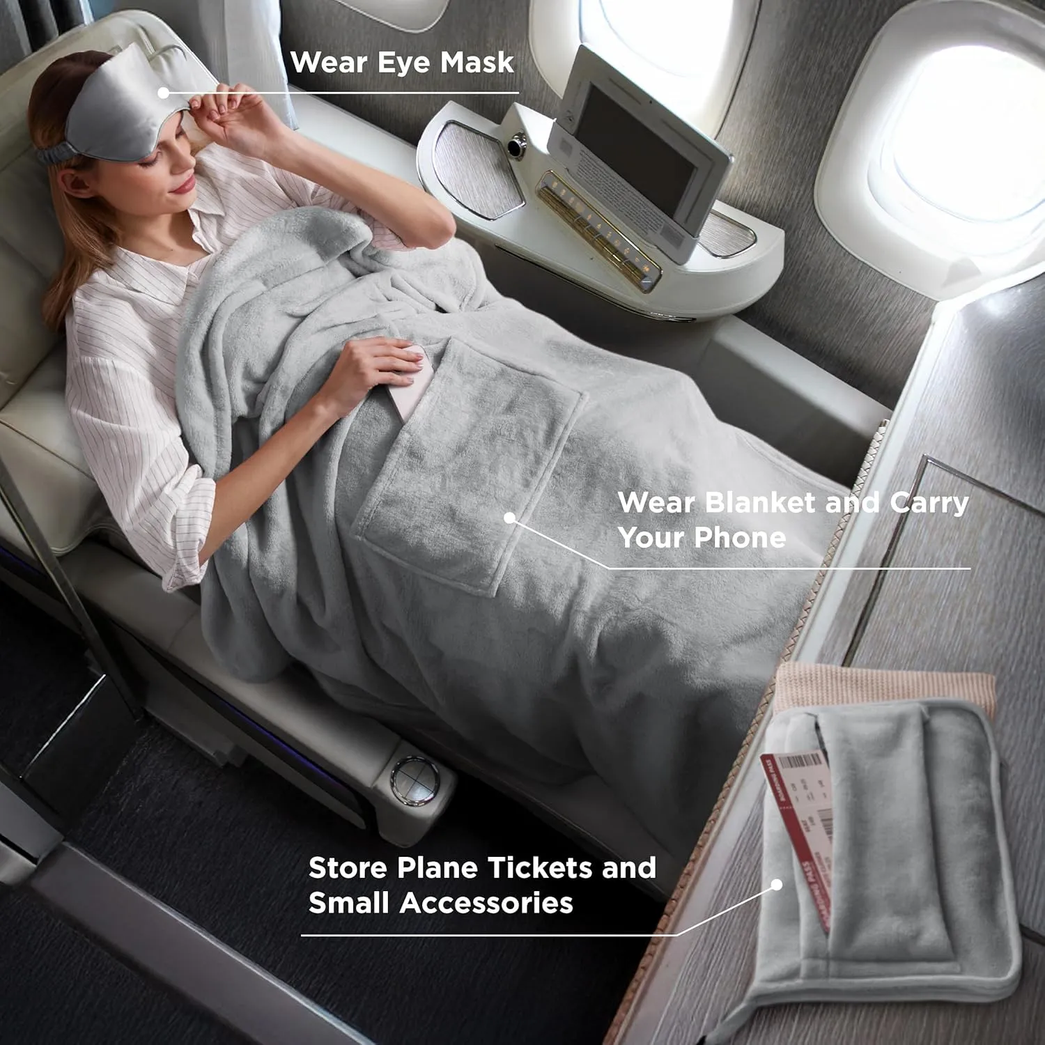 Bedsure Travel Blanket Airplane Compact with Storage Bag, Packable Blanket with Eye Mask, Lightweight 3-in-1 Travel Essentials, Functioned as Pillow for Airplane Comfort and Warmth, Grey