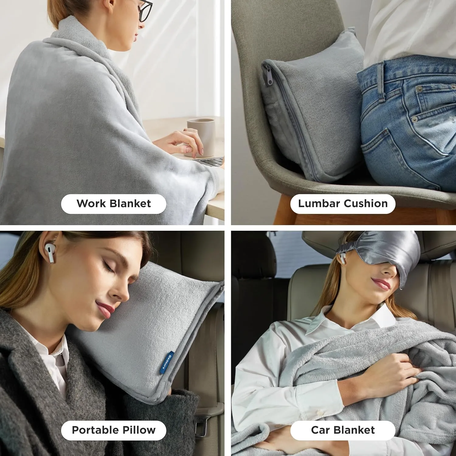 Bedsure Travel Blanket Airplane Compact with Storage Bag, Packable Blanket with Eye Mask, Lightweight 3-in-1 Travel Essentials, Functioned as Pillow for Airplane Comfort and Warmth, Grey