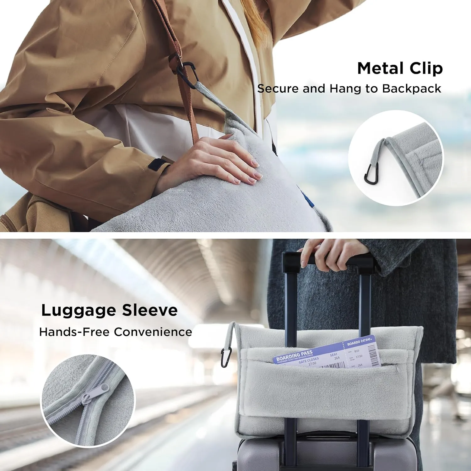 Bedsure Travel Blanket Airplane Compact with Storage Bag, Packable Blanket with Eye Mask, Lightweight 3-in-1 Travel Essentials, Functioned as Pillow for Airplane Comfort and Warmth, Grey