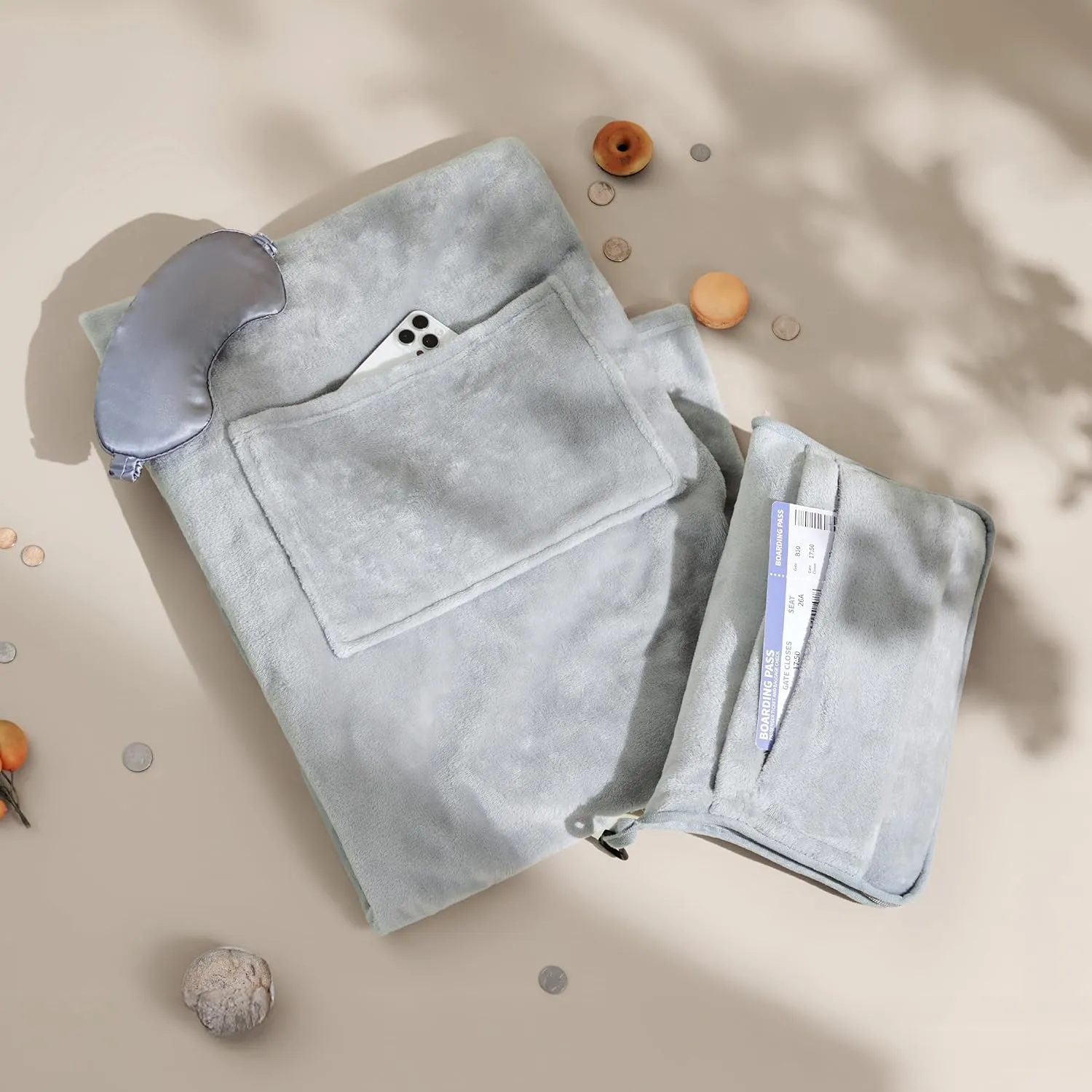 Bedsure Travel Blanket Airplane Compact with Storage Bag, Packable Blanket with Eye Mask, Lightweight 3-in-1 Travel Essentials, Functioned as Pillow for Airplane Comfort and Warmth, Grey