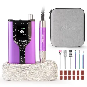 Belle Professional Nail Drill Machine, Upgraded Brushless Motor 35000RPM, Rechargeable Cordless Nail File for Acrylic Gel Nails with Diamond Charging Base and Carrying Case, Bling Purple