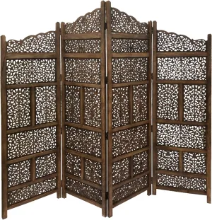 Benjara Hand Carved Foldable 4-Panel Wooden Partition Screen/Room Divider, Brown