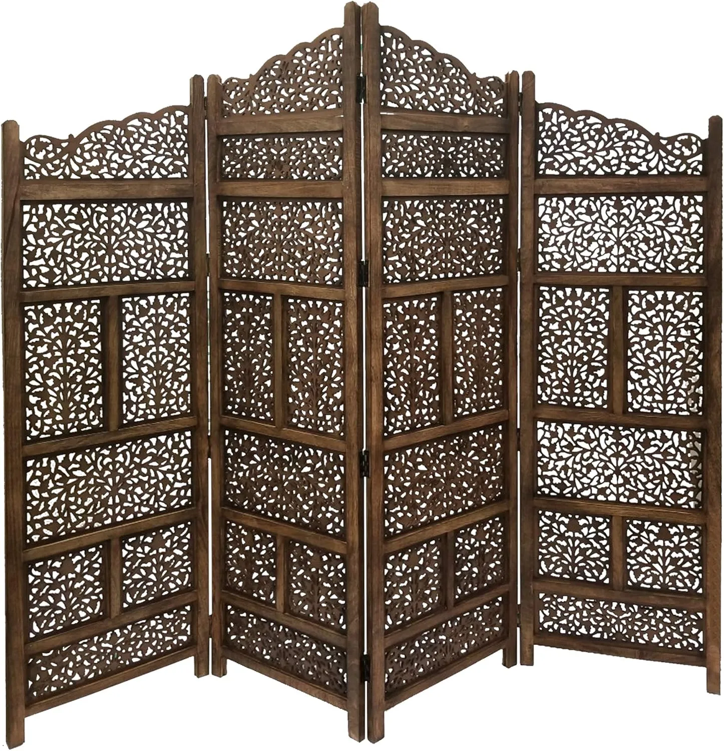 Benjara Hand Carved Foldable 4-Panel Wooden Partition Screen/Room Divider, Brown