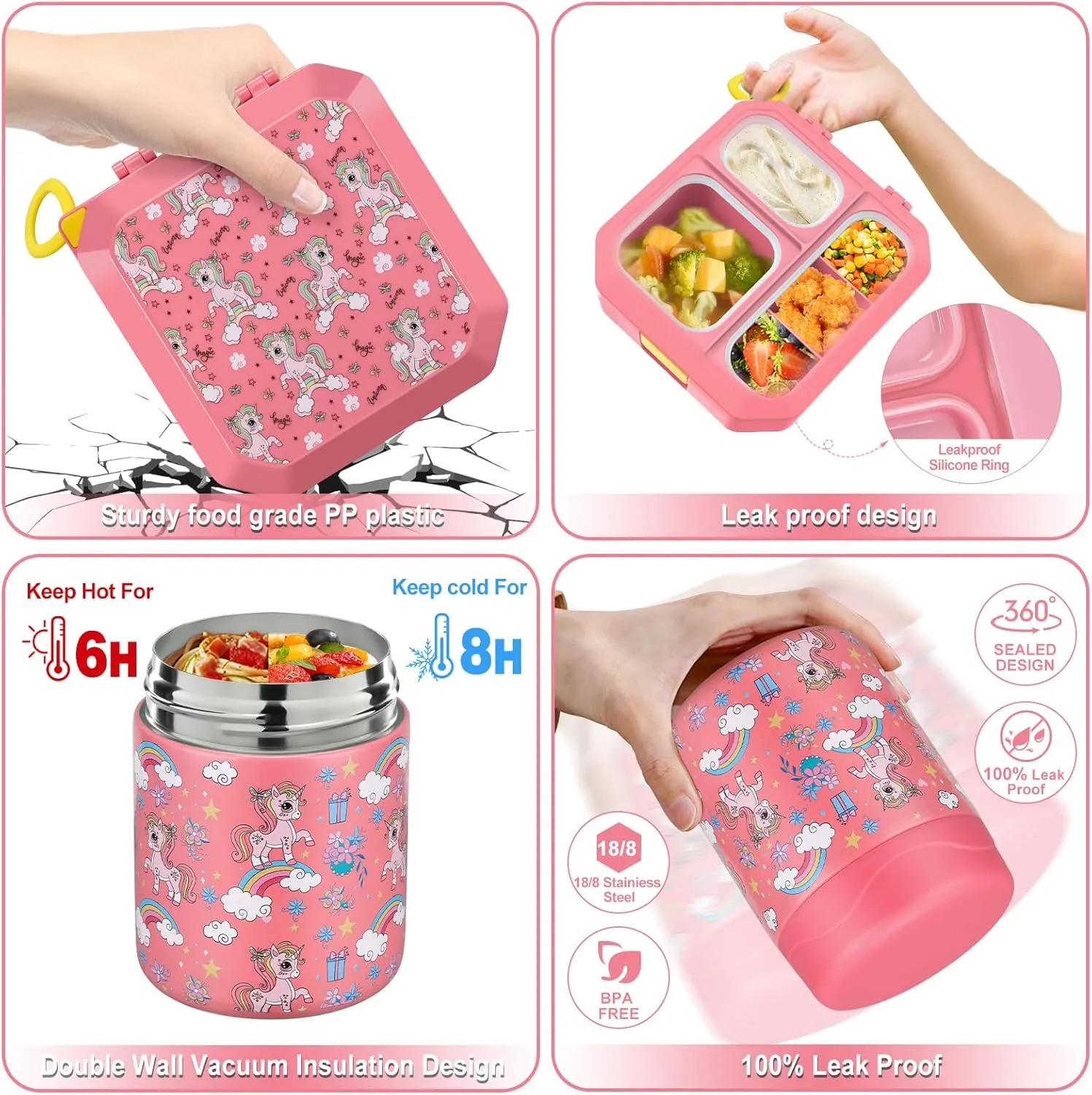 Bento Lunch Box for Kids with 12oz Soup Thermo Leak-Proof Lunch Food Container with 5 Compartment Thermo Hot Food Jar and Insulated Lunch Bag for Kid Toddler Girls Boys to School