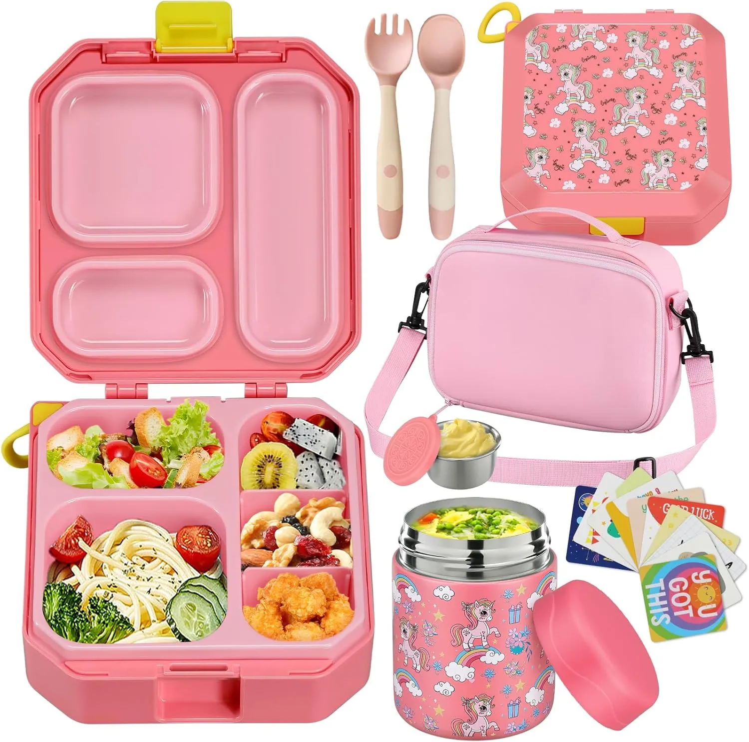 Bento Lunch Box for Kids with 12oz Soup Thermo Leak-Proof Lunch Food Container with 5 Compartment Thermo Hot Food Jar and Insulated Lunch Bag for Kid Toddler Girls Boys to School